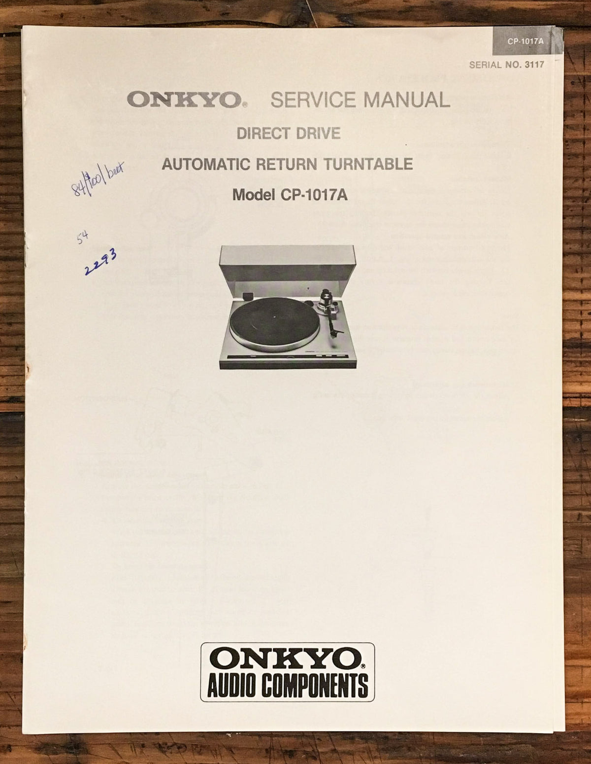 Onkyo CP-1017A Record Player / Turntable Service Manual *Original*