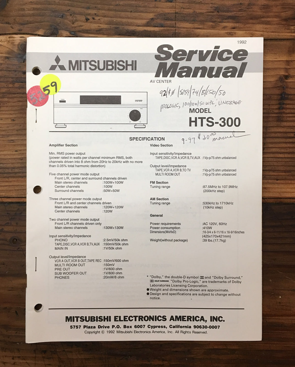 Mitsubishi HTS-300 AV Center Service Manual *Original*