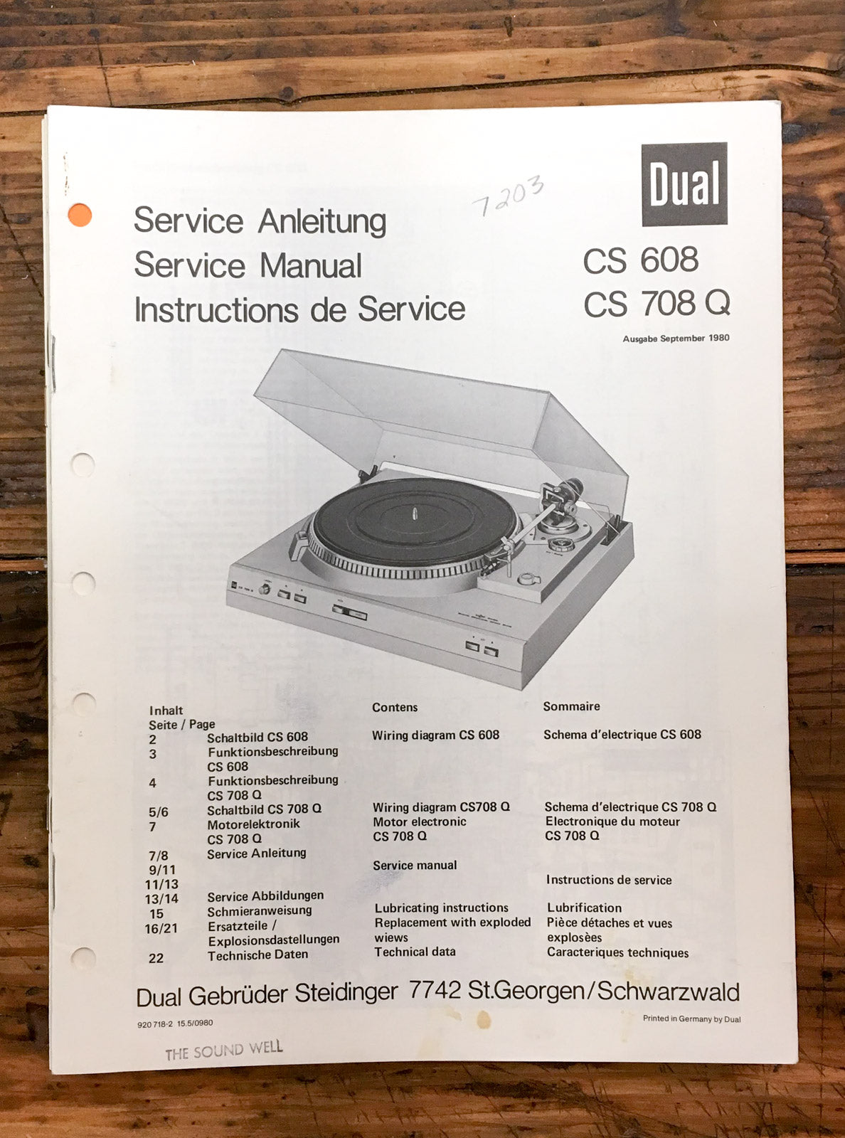 Dual CS 608 CS 708Q Record Player / Turntable Service Manual *Original*