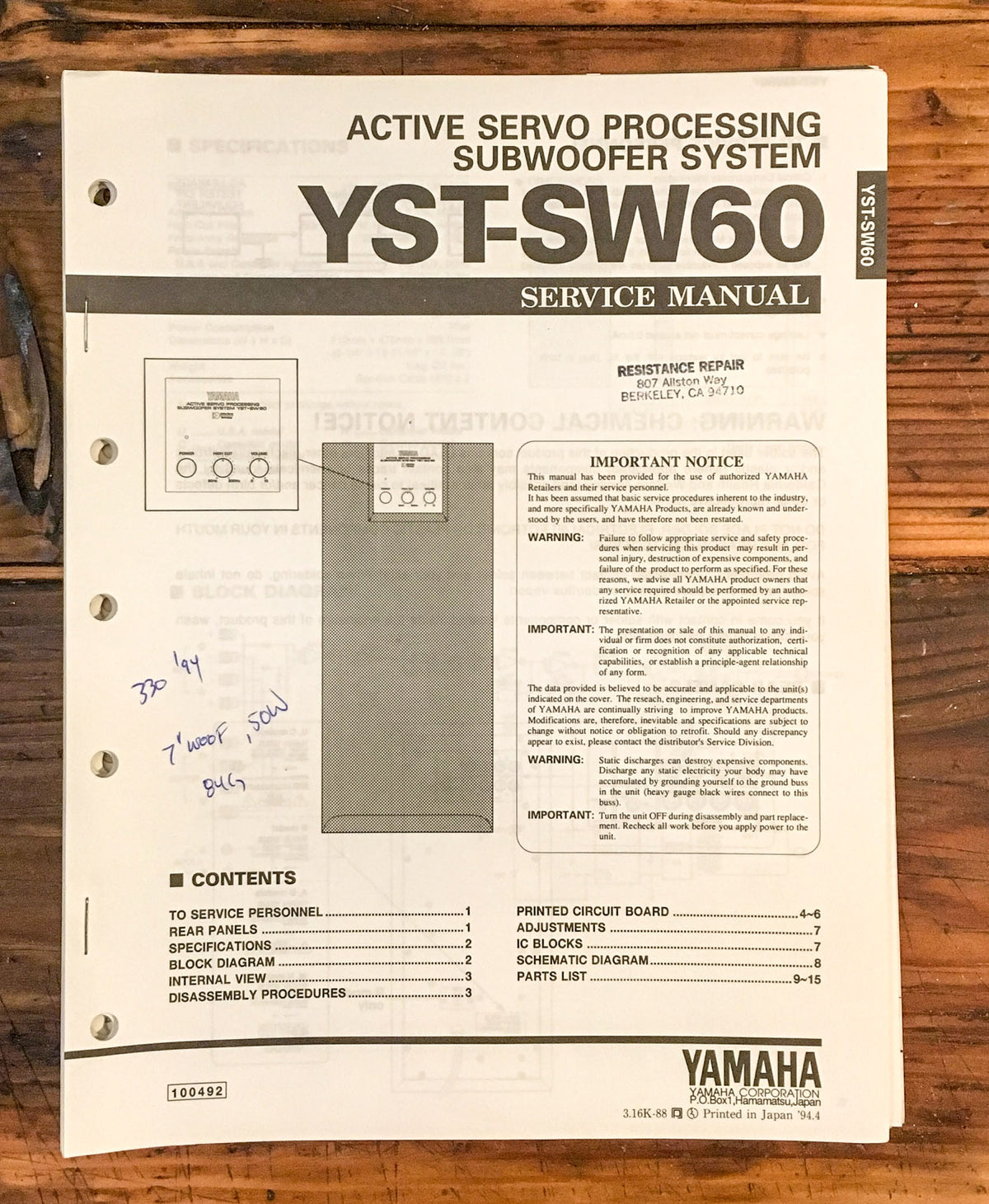 Pioneer YST-SW60 Subwoofer Service Manual *Original*