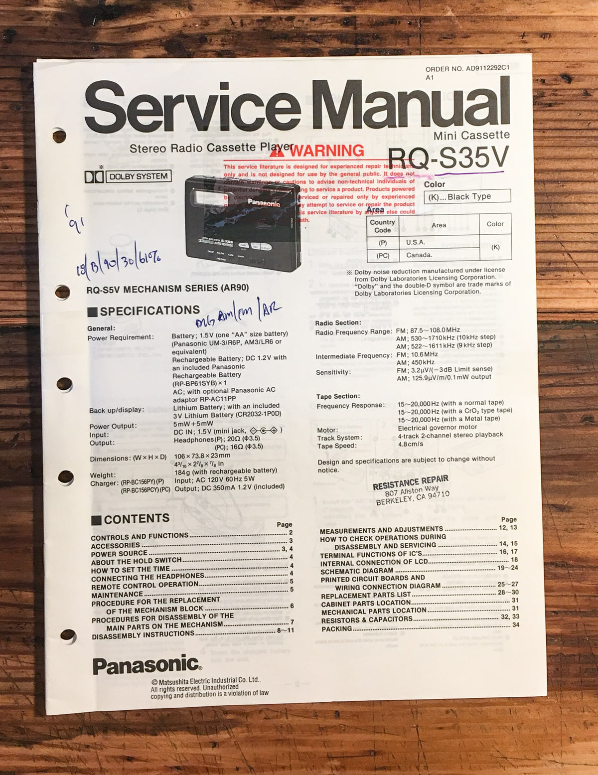 Panasonic RQ-S35V Service Manual *Original*