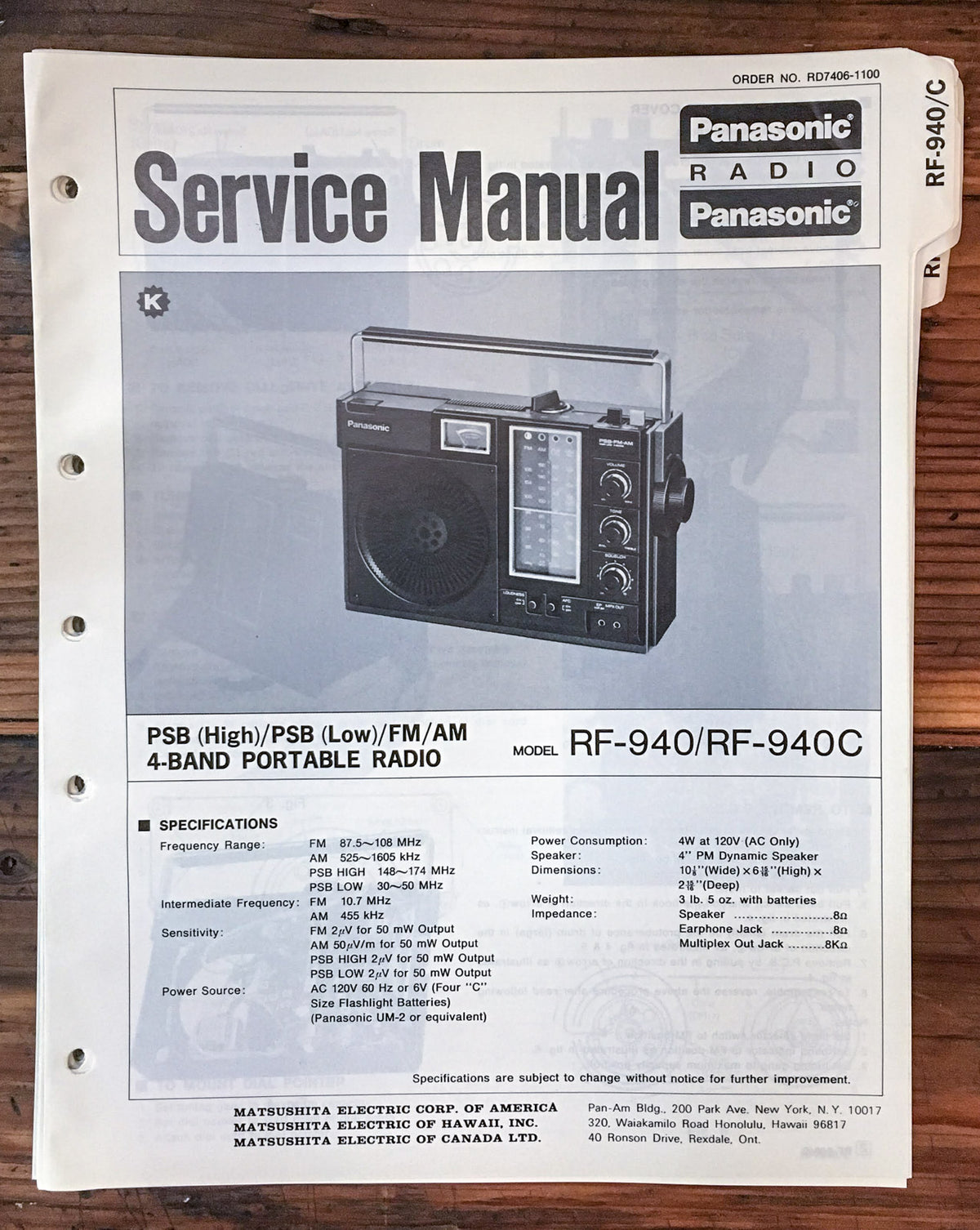 Panasonic RF-940 RF-940C Radio Service Manual *Original*
