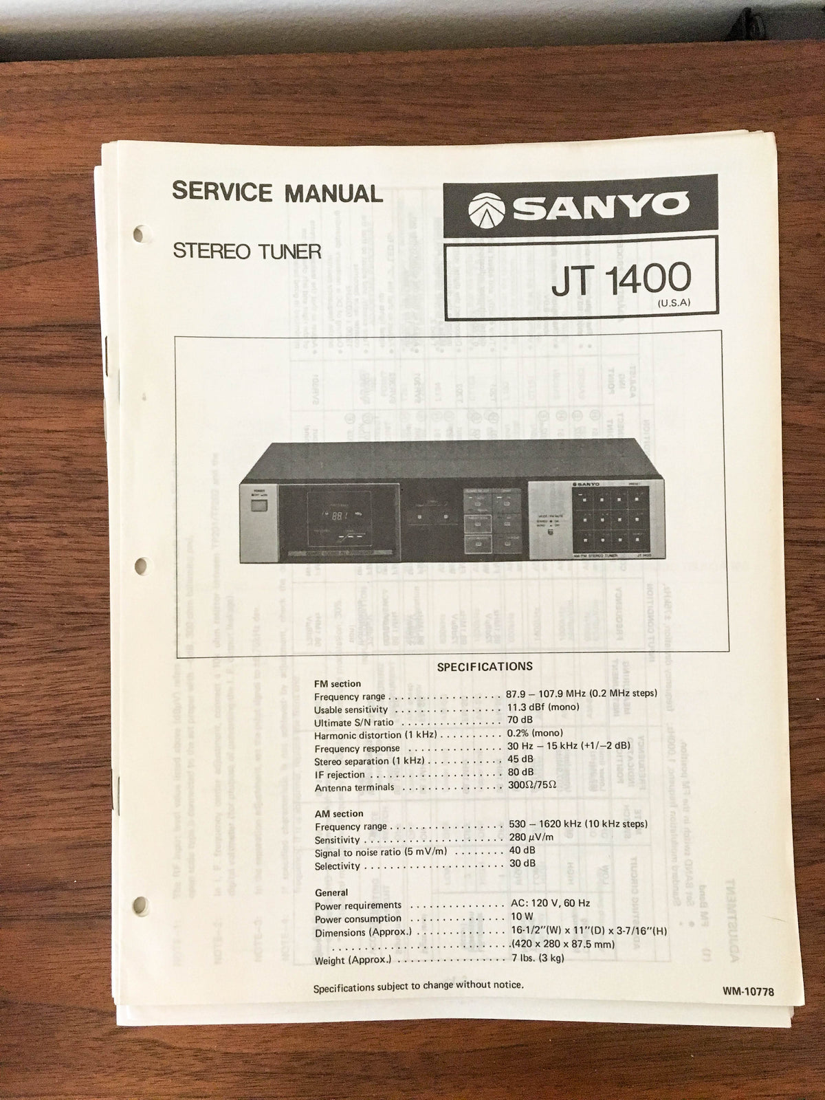 Sanyo JT 1400 Tuner Service Manual *Original*