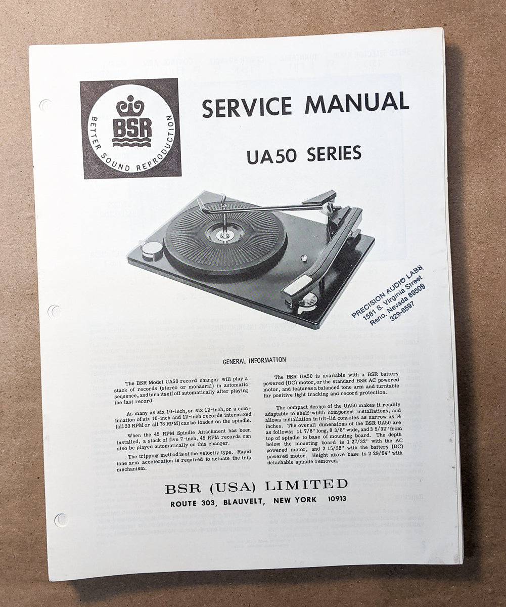 *Original* BSR UA50 UA-50 Series Record Player / Turntable Service Manual