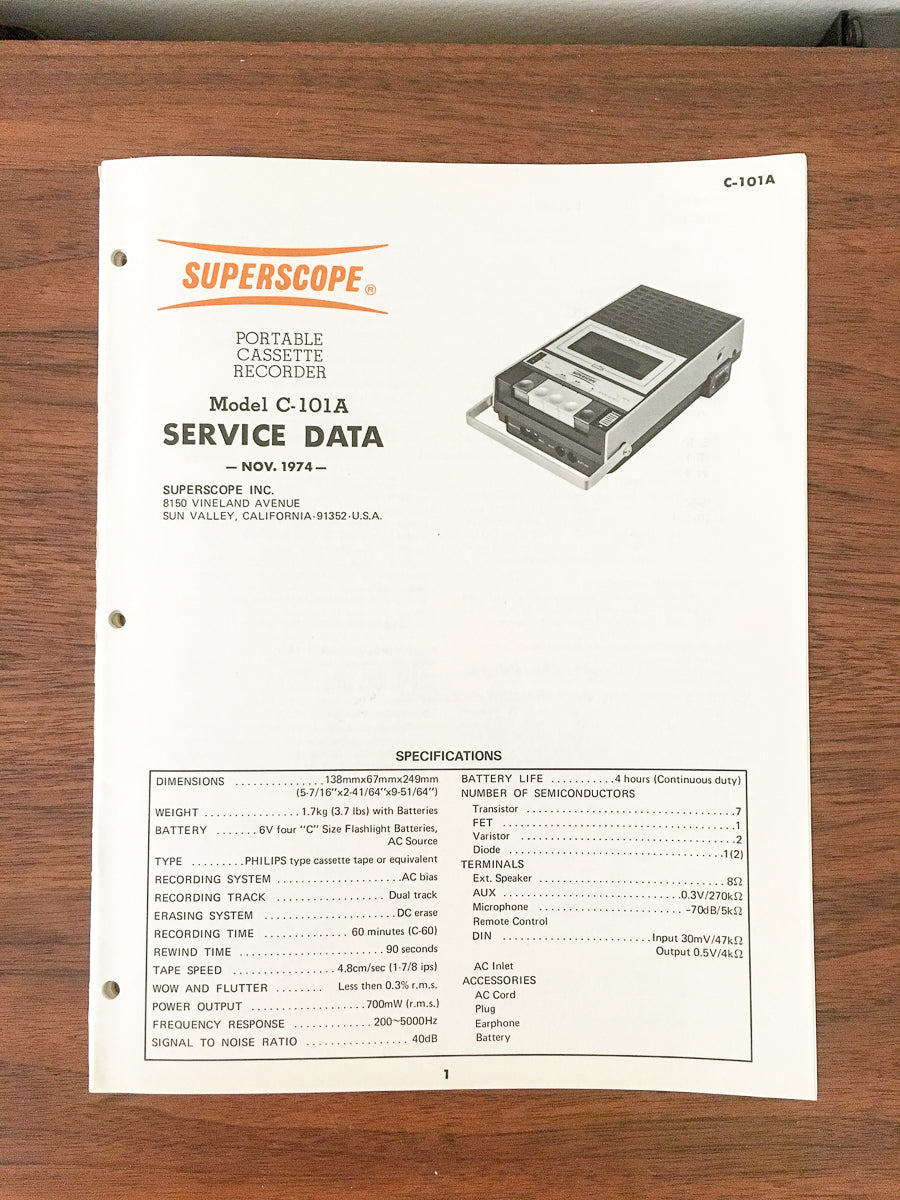 Superscope / Marantz C-101A Cassette Service Manual *Original*