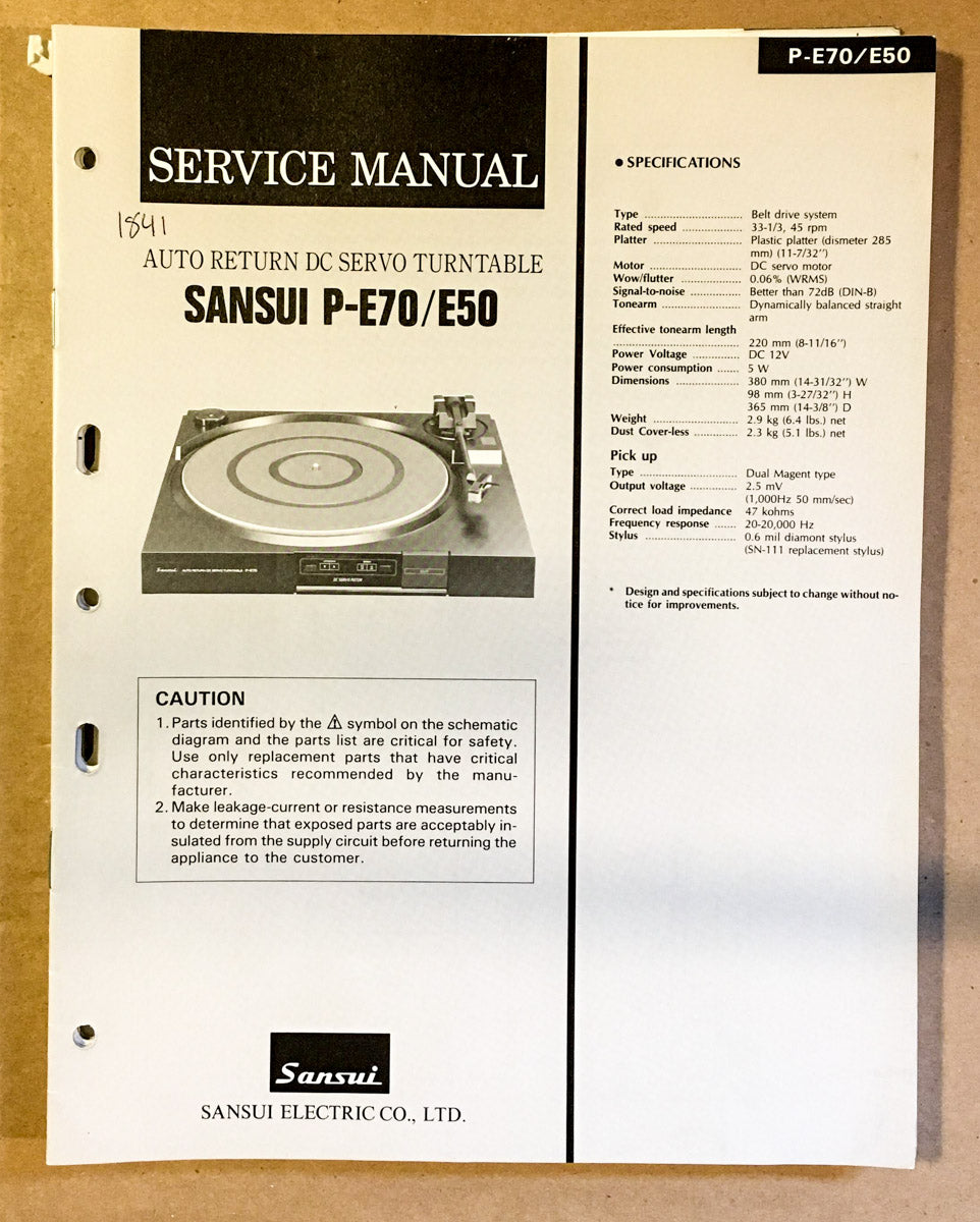 Sansui P-E70 P-E50 Record Player / Turntable Service Manual *Original*