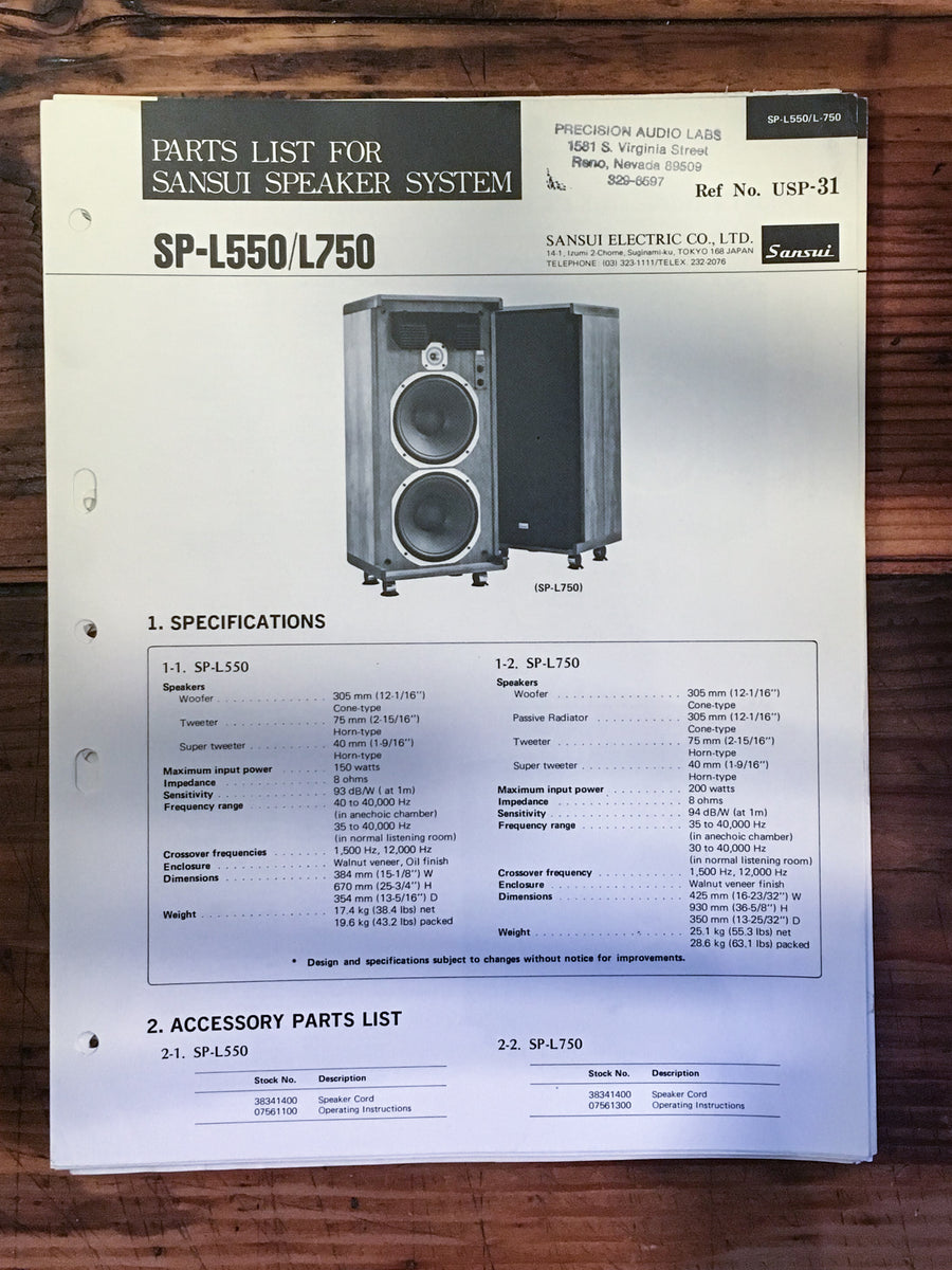 Speaker Parts List Manual *Original* Vintage Audio Store Vintage