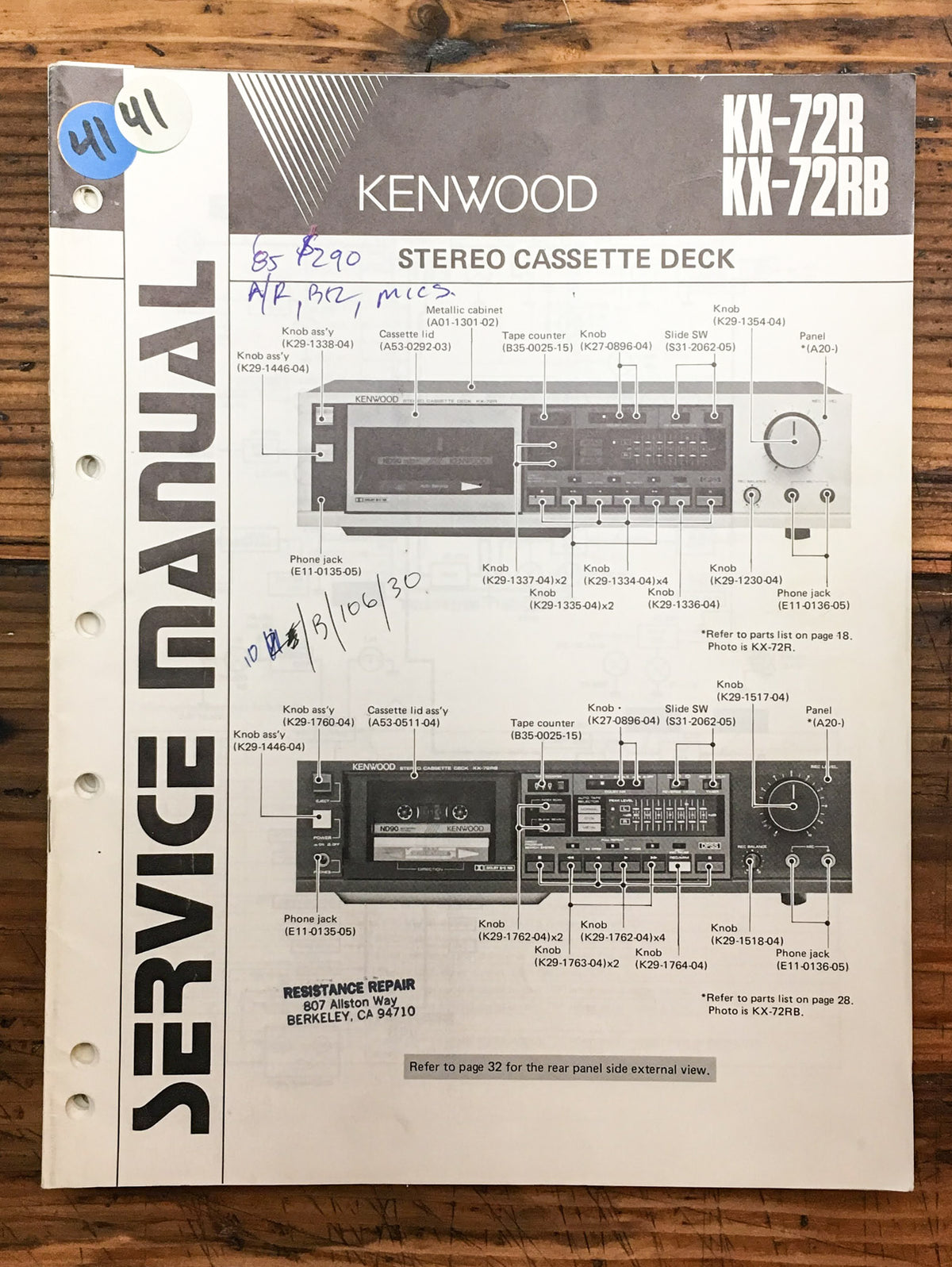 Kenwood KX-72R KX-72RB Cassette Service Manual *Original*