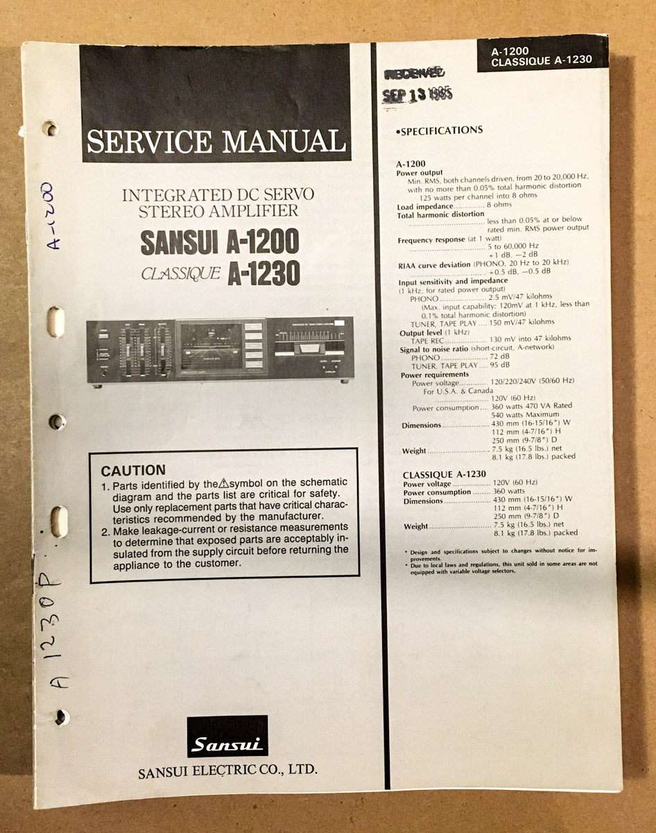 Sansui A-1200 A-1230 Amplifier Service Manual *Original* #1