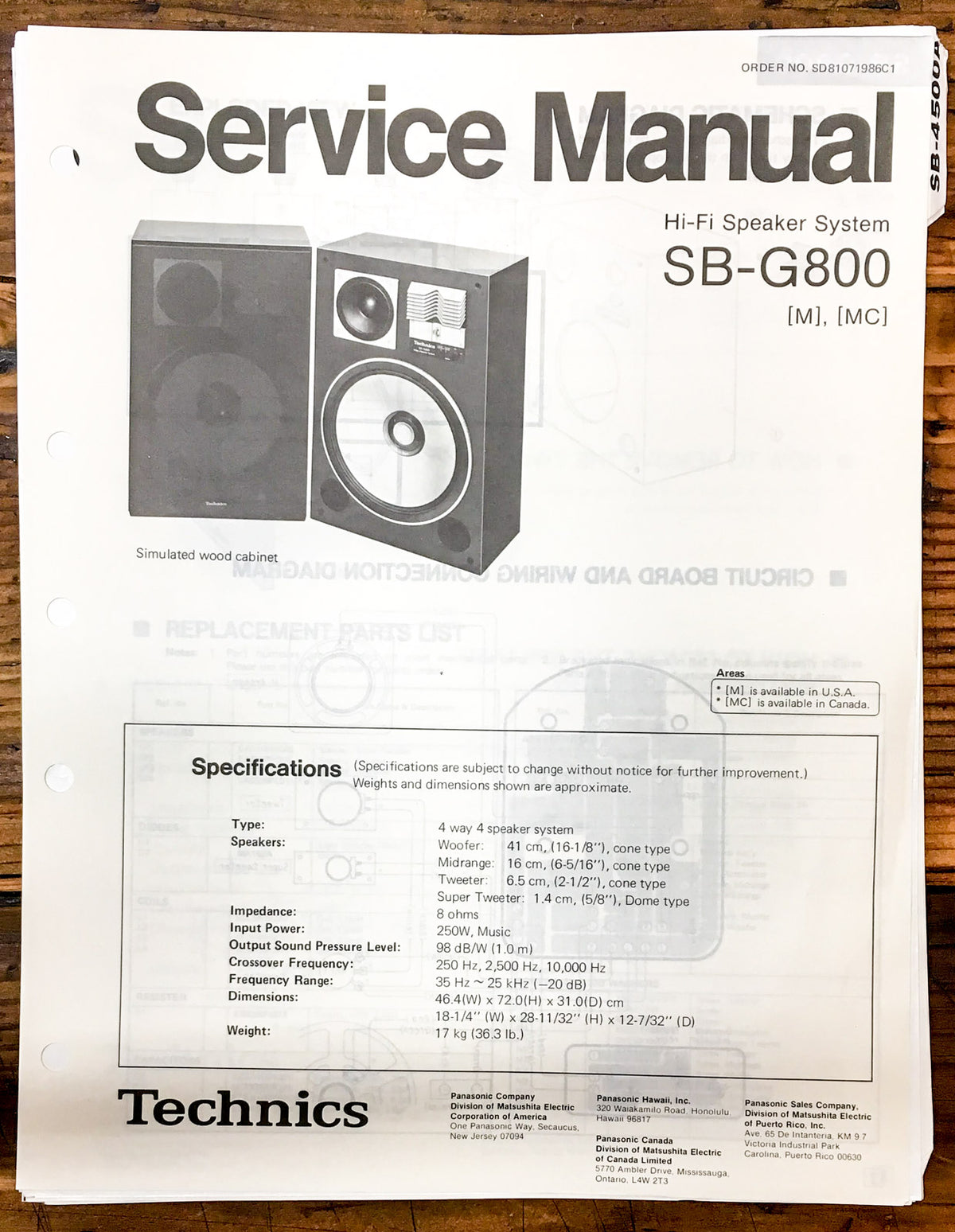 Technics SB-G800 Speaker Service Manual *Original*