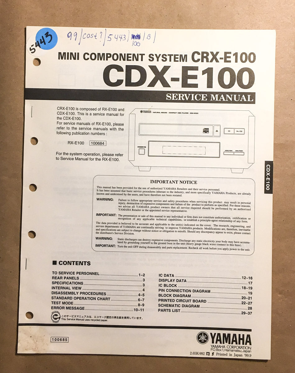 Yamaha CDX-E100 CD Player Service Manual *Original*