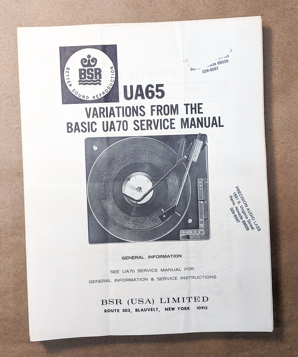 *Original* BSR UA65 UA-65 Record Player / Turntable Service Manual