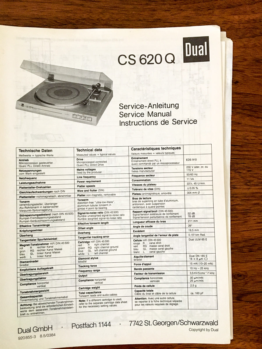 Dual CS 620 Q Record Player / Turntable Service Manual *Original*