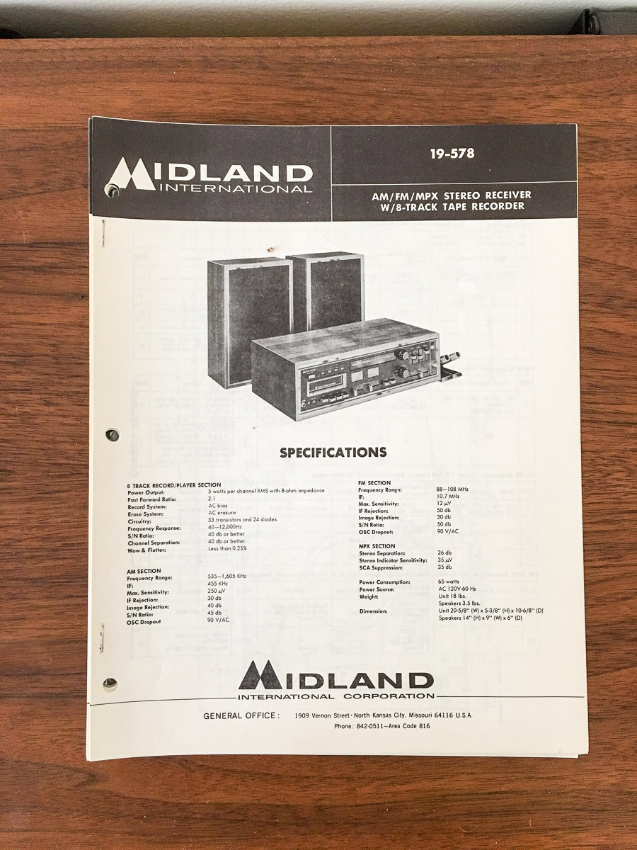 Midland 19-578 8 Track Receiver Service Manual *Original*