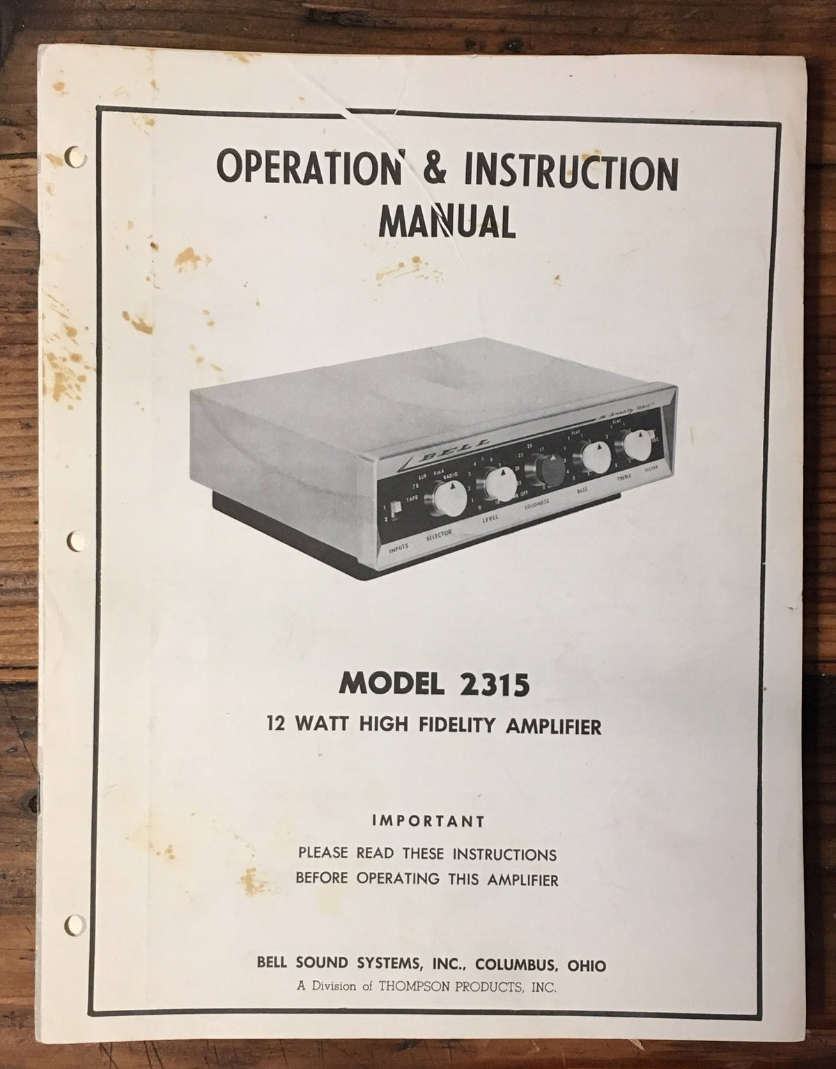 Bell Model 2315 Tube Amplifier Owner / User Manual *Original*