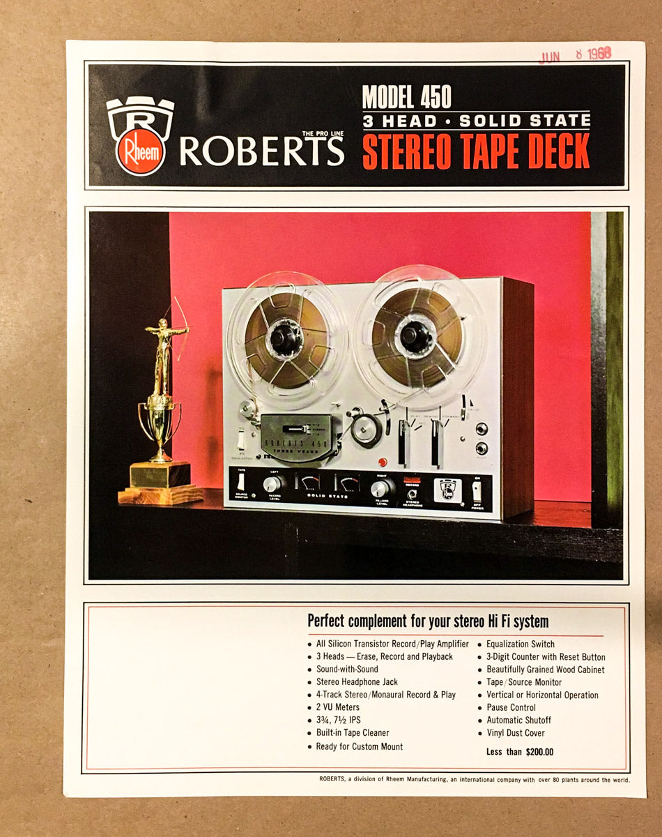 Roberts Model 450 Reel to Reel Dealer Brochure *Original