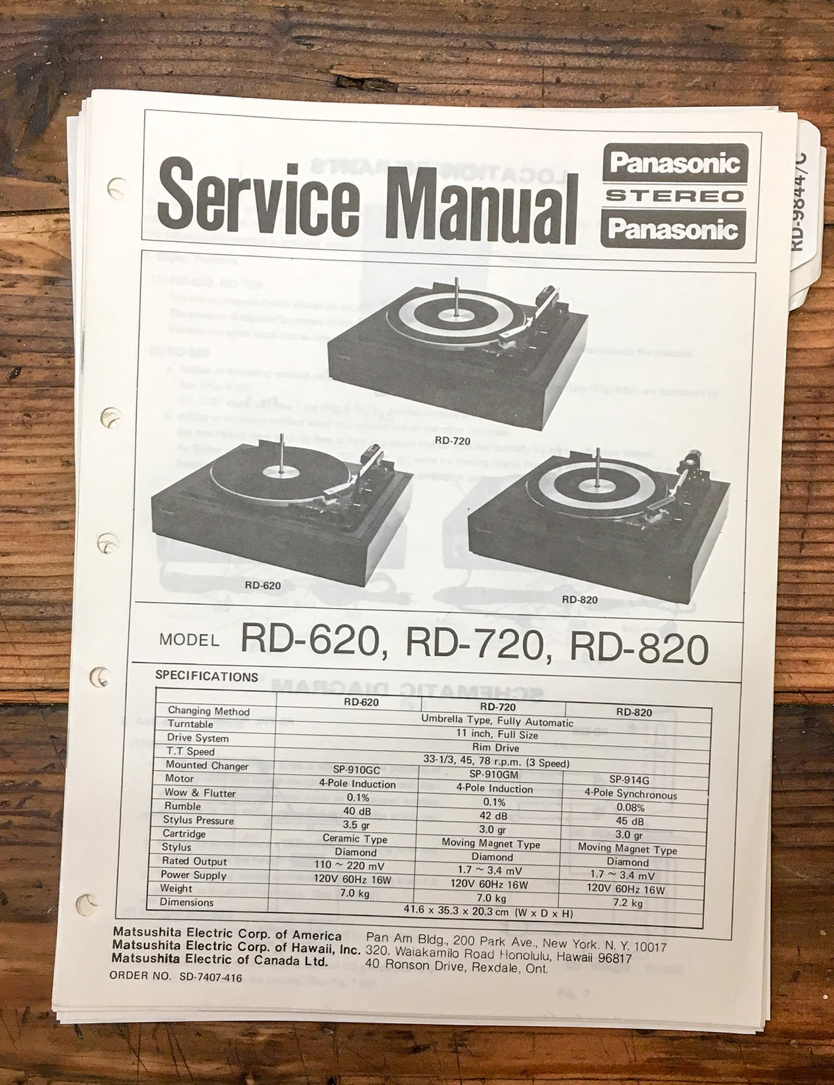 Panasonic RD-620 RD-720 RD-820 Record Player Service Manual *Original*