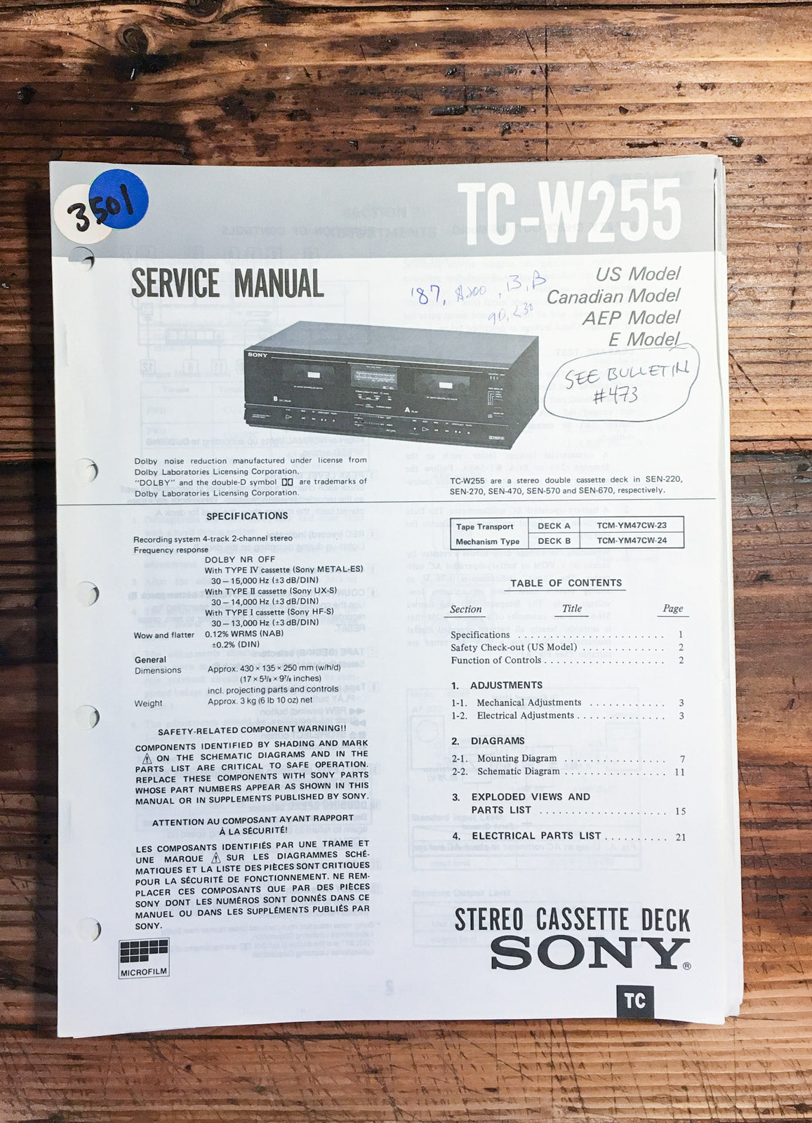 Sony TC-W255 Cassette Deck Service Manual *Original*