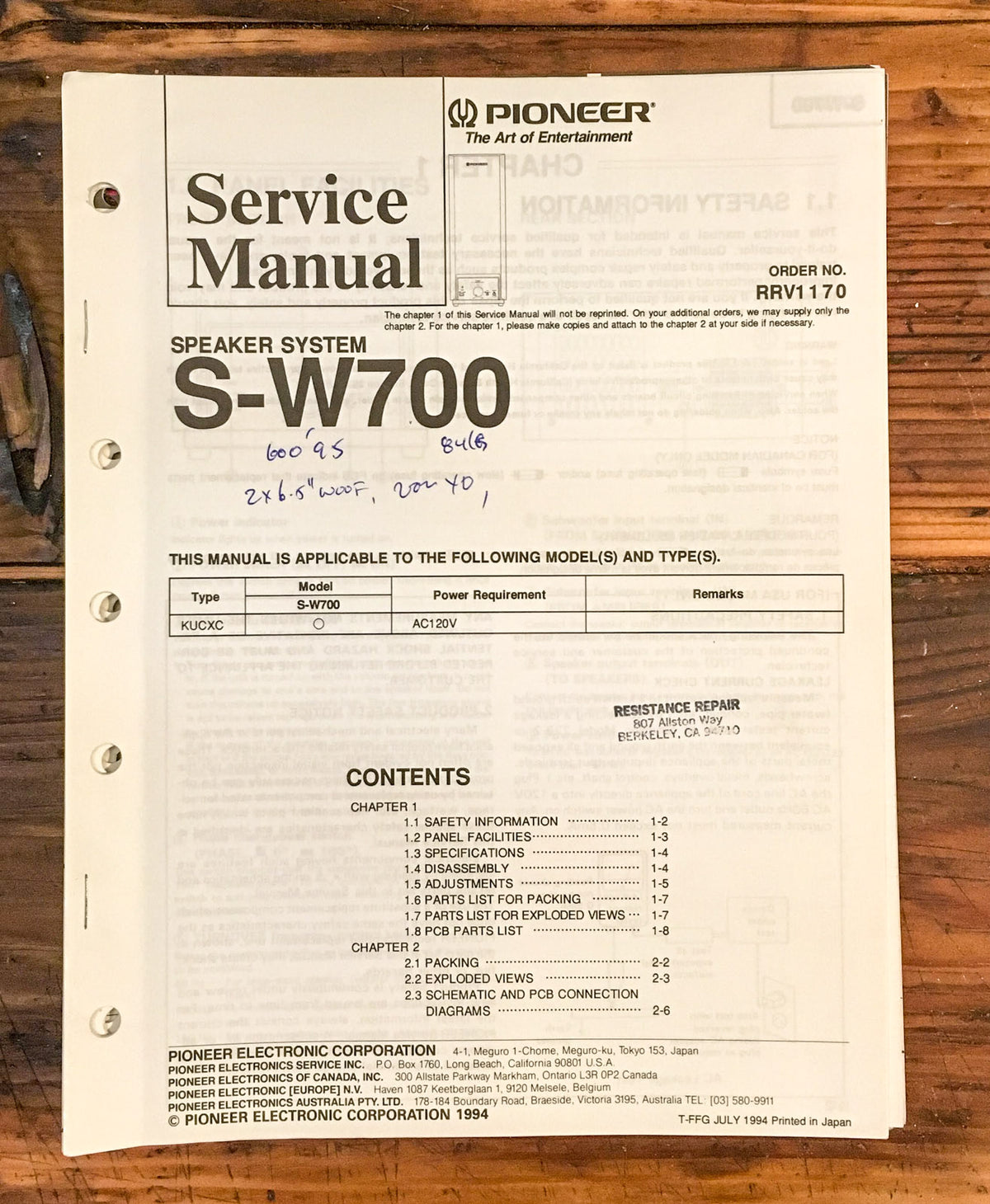 Pioneer S-W700 Speaker System Service Manual *Original*