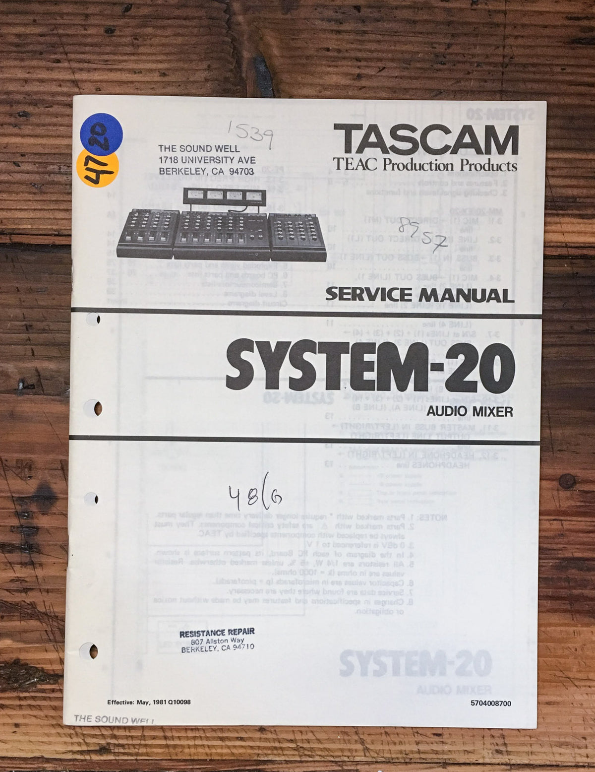 Teac System 20 Audio Mixer Service Manual *Original*