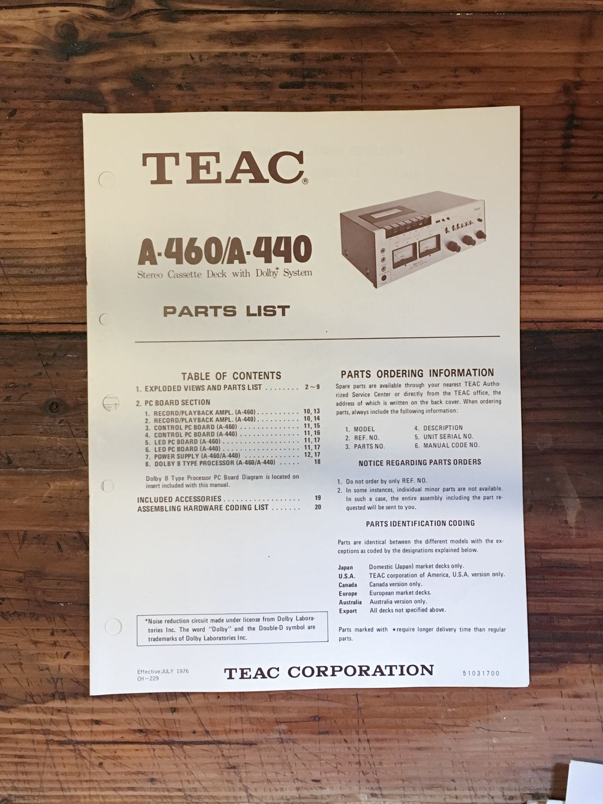 Teac A-440 A-460 Cassette Parts List Manual *Original*