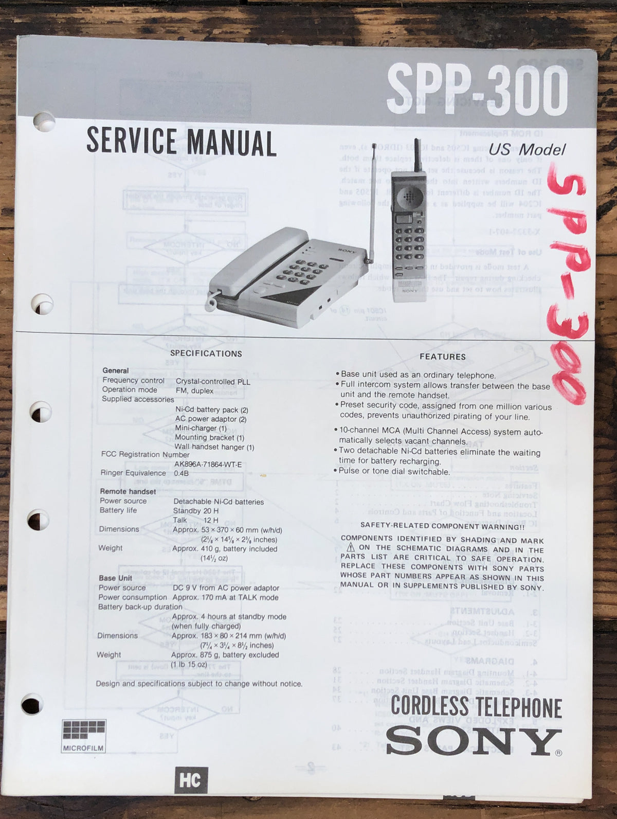 Sony SPP-300 Telephone Service Manual *Original*