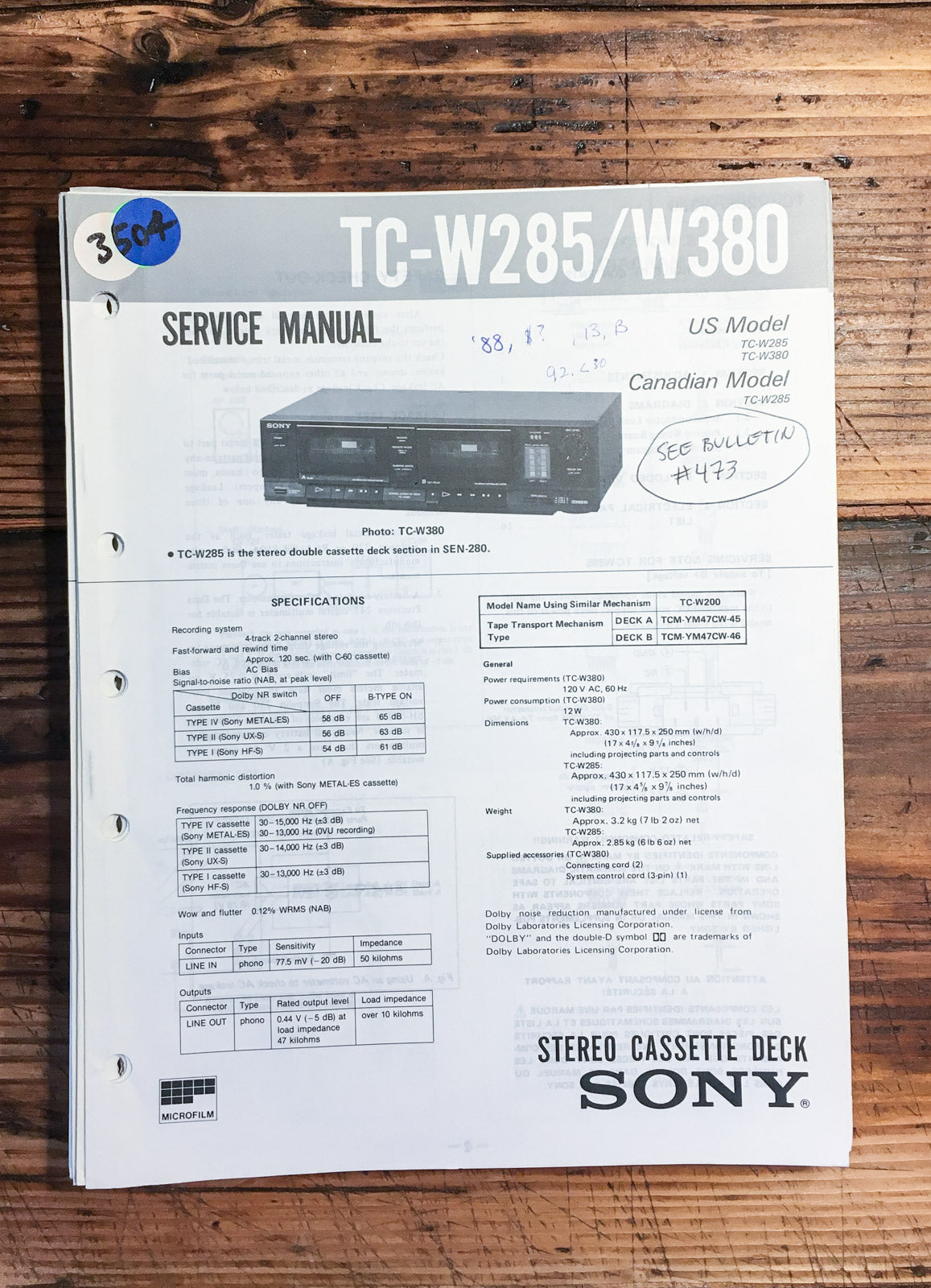 Sony TC-W285 TC-W380 Cassette Deck Service Manual *Original*