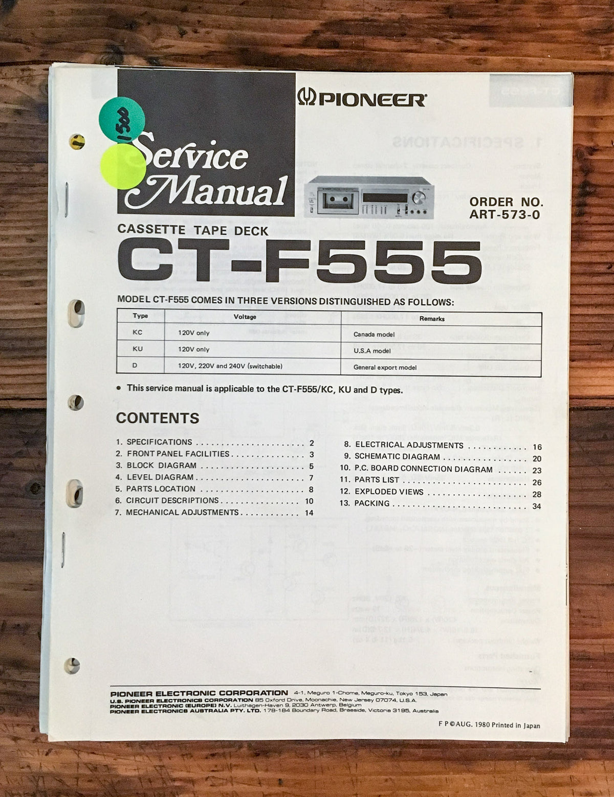 Pioneer CT-F555 Cassette Service Manual *Original*