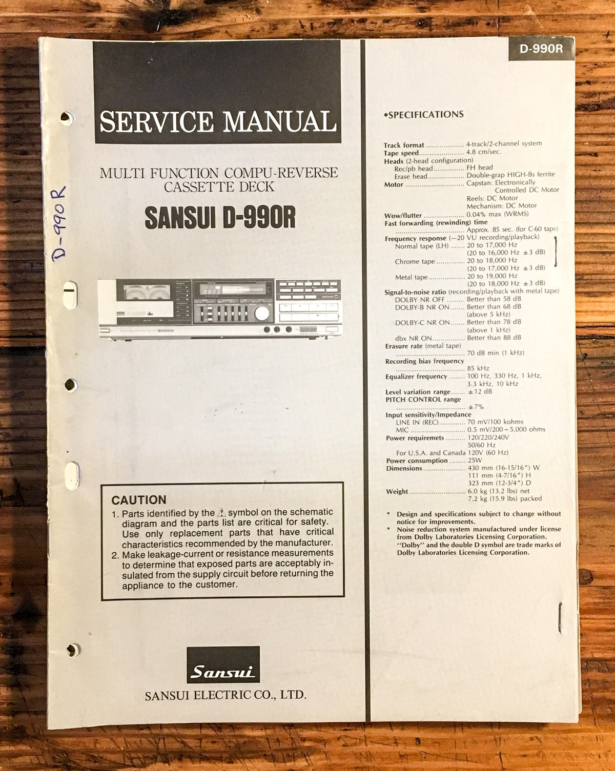Sansui D-990R Cassette Service Manual *Original*