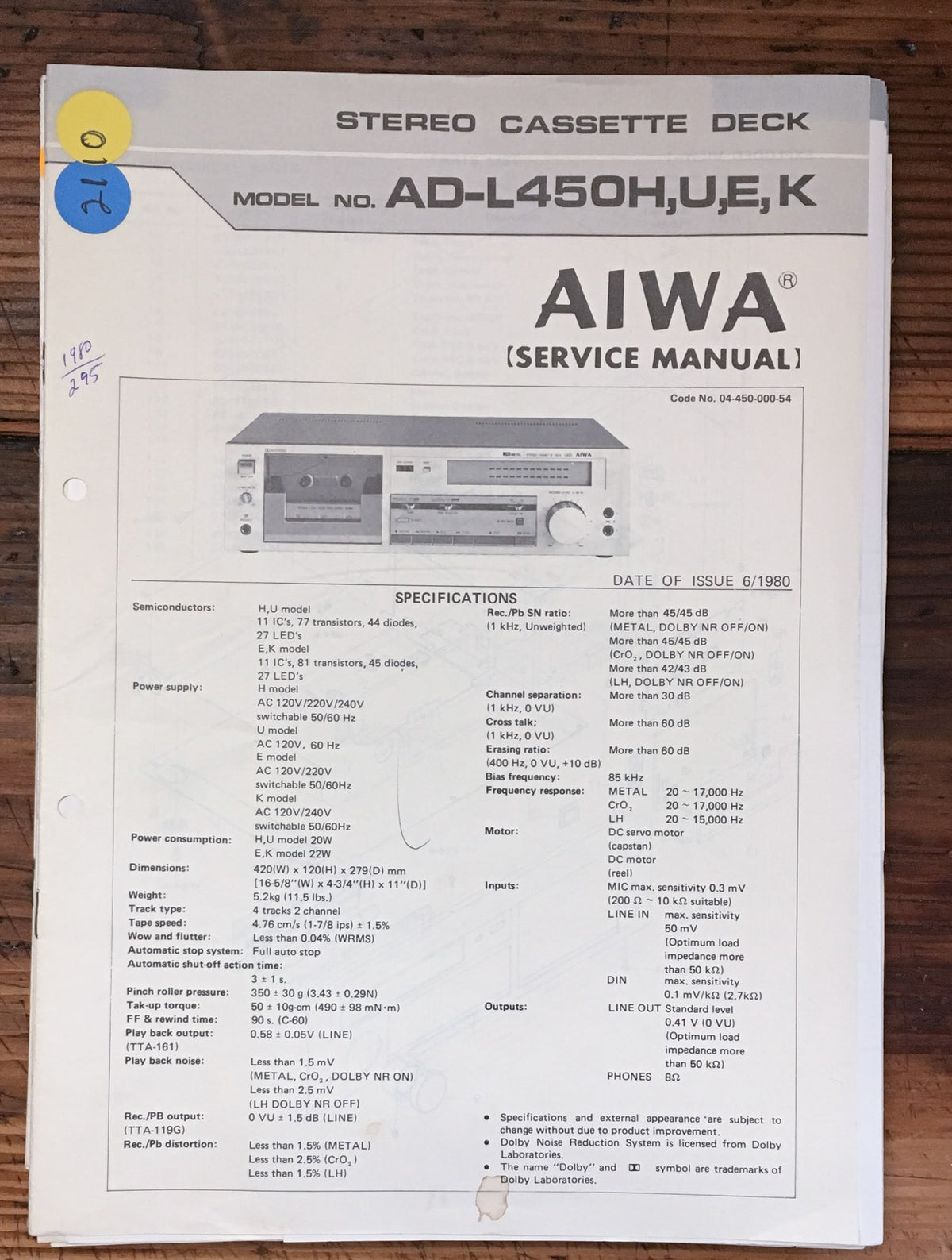 Aiwa AD-L450H AD-L450 Cassette Service Manual *Original*