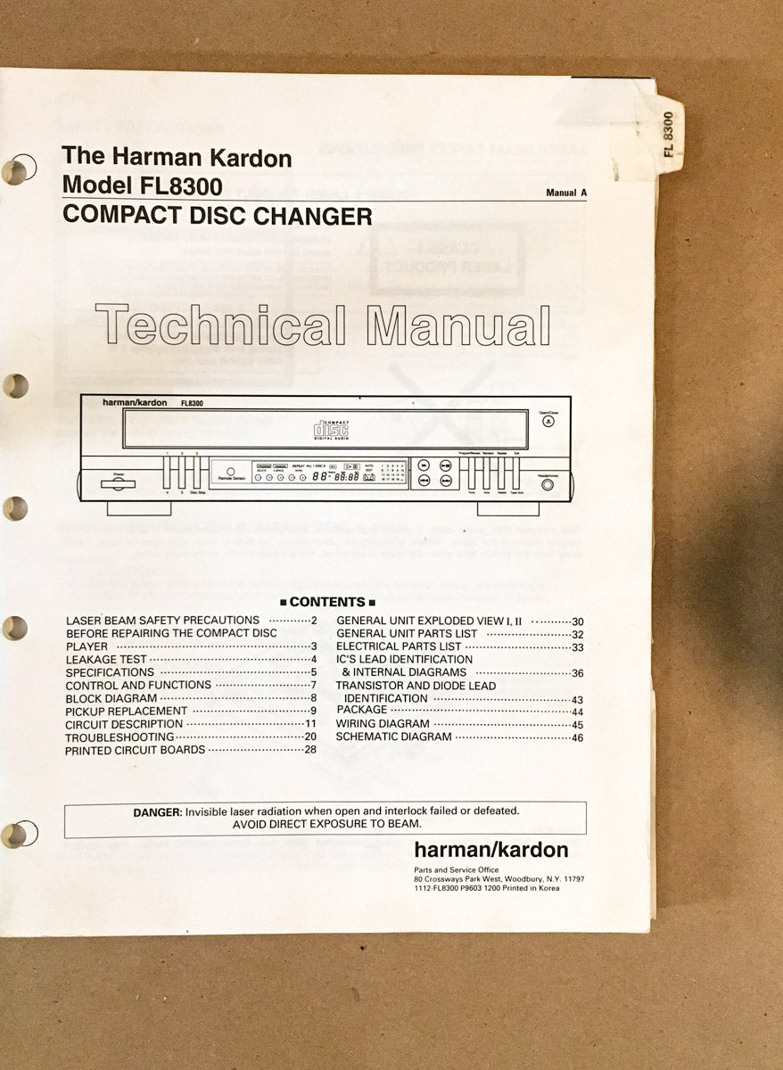 Harman Kardon FL8300 CD Player Service Manual *Original*