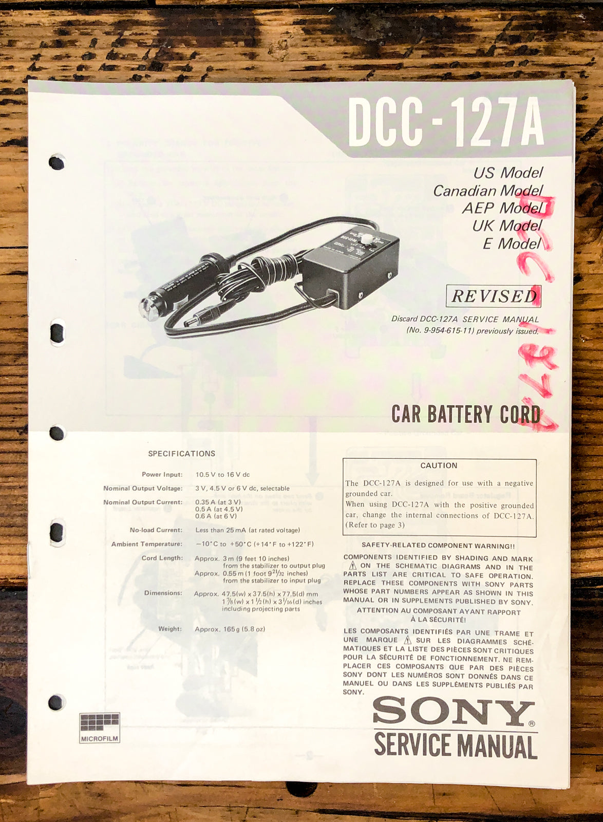 Sony DCC-127A Charger Service Manual *Original*