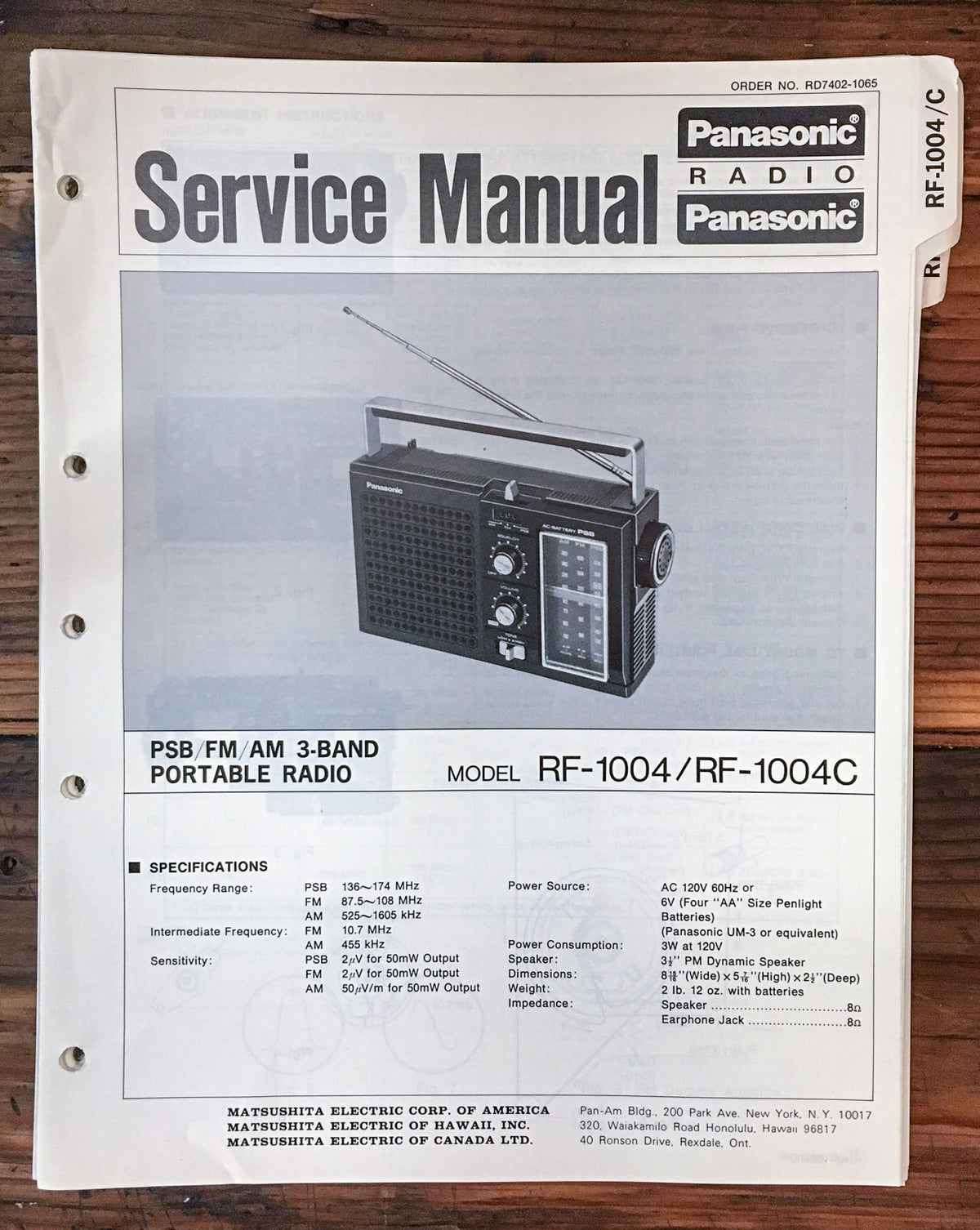 Panasonic RF-1004 RF-1004C Radio Service Manual *Original*