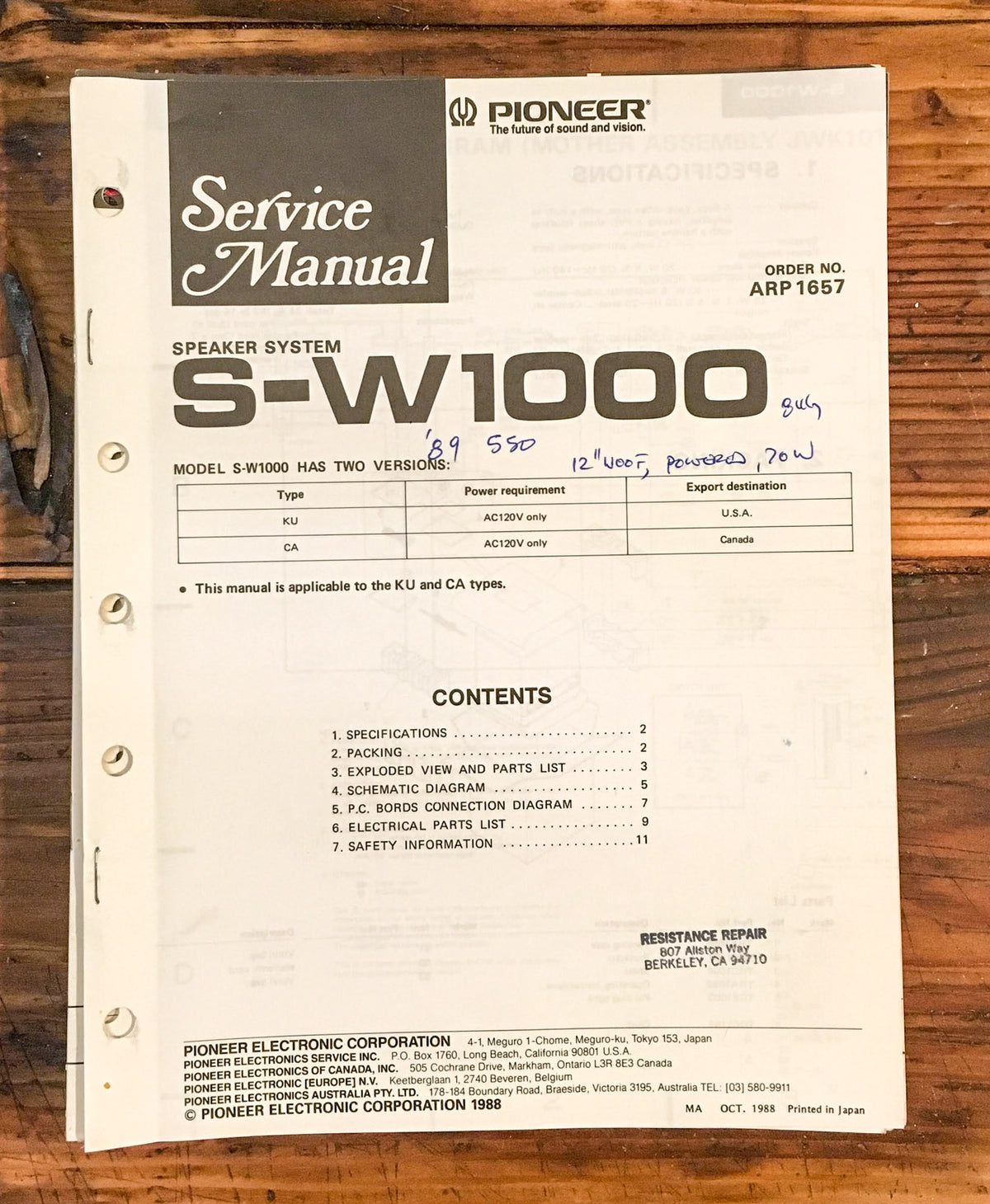 Pioneer S-W1000 Speaker System Service Manual *Original*
