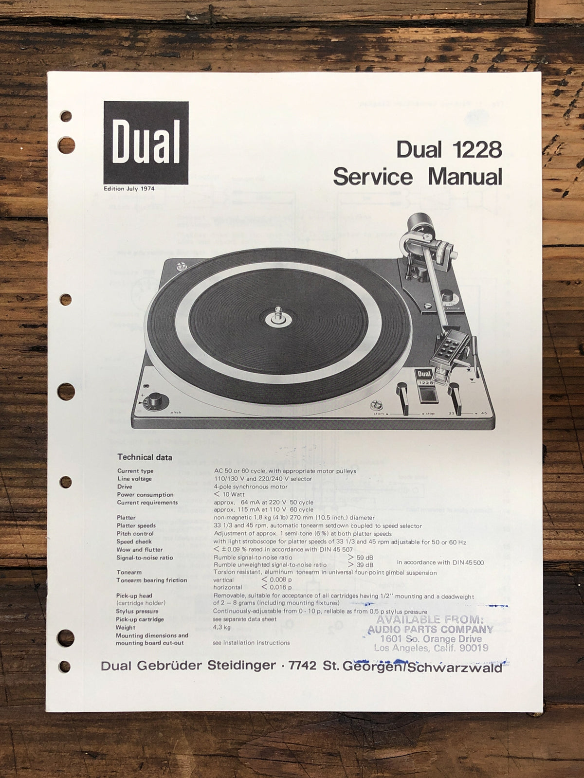 Dual Model 1228 Record Player / Turntable Service Manual *Original*