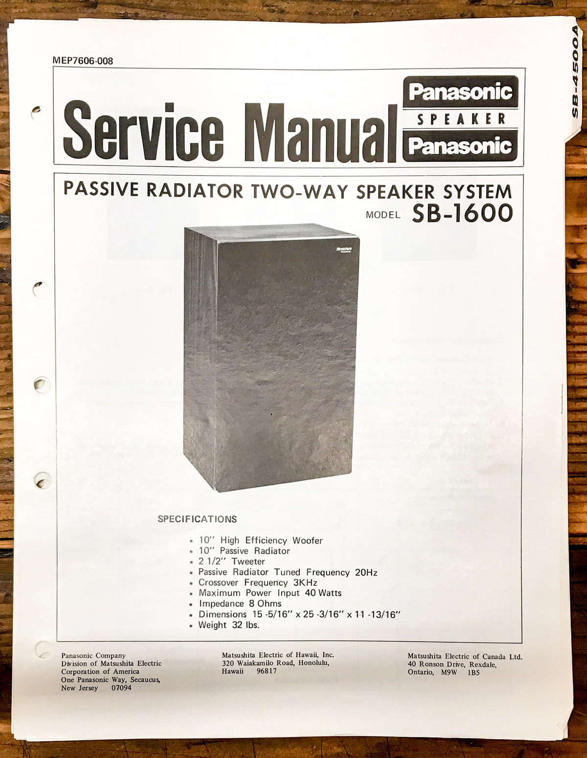 Technics SB-1600 Speaker Service Manual *Original*
