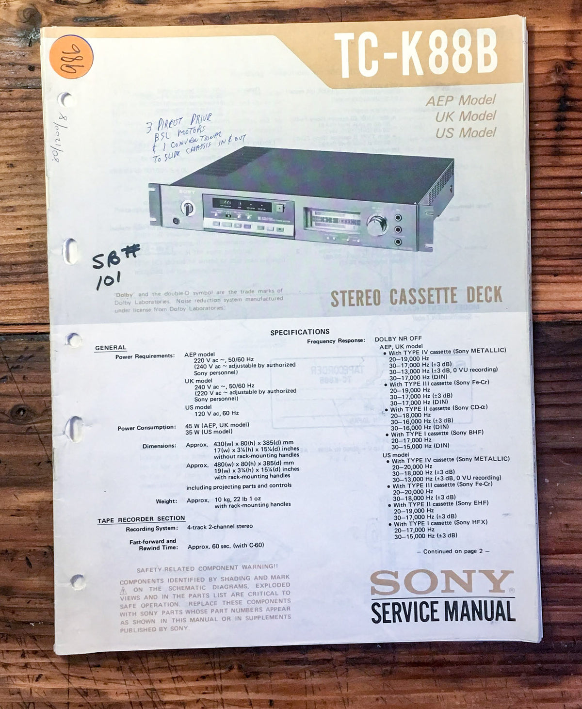 Sony TC-K88B Cassette Deck Service Manual *Original*
