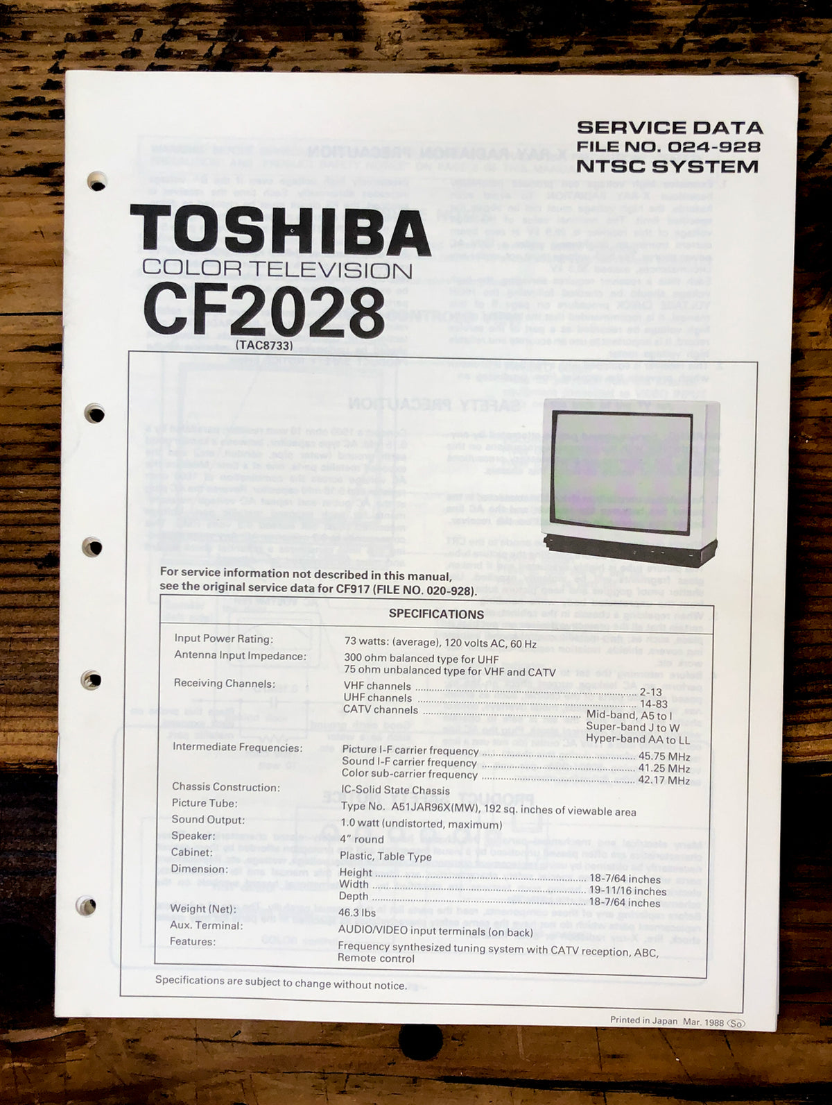 Toshiba CF2028 TV Service Manual *Original*