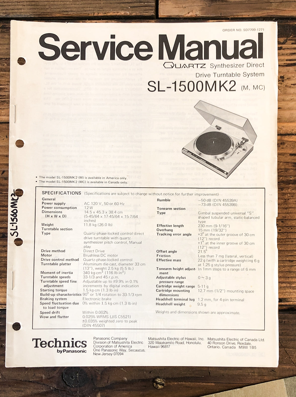 Technics SL-1500 MK2 Record Player / Turntable Service Manual *Original*