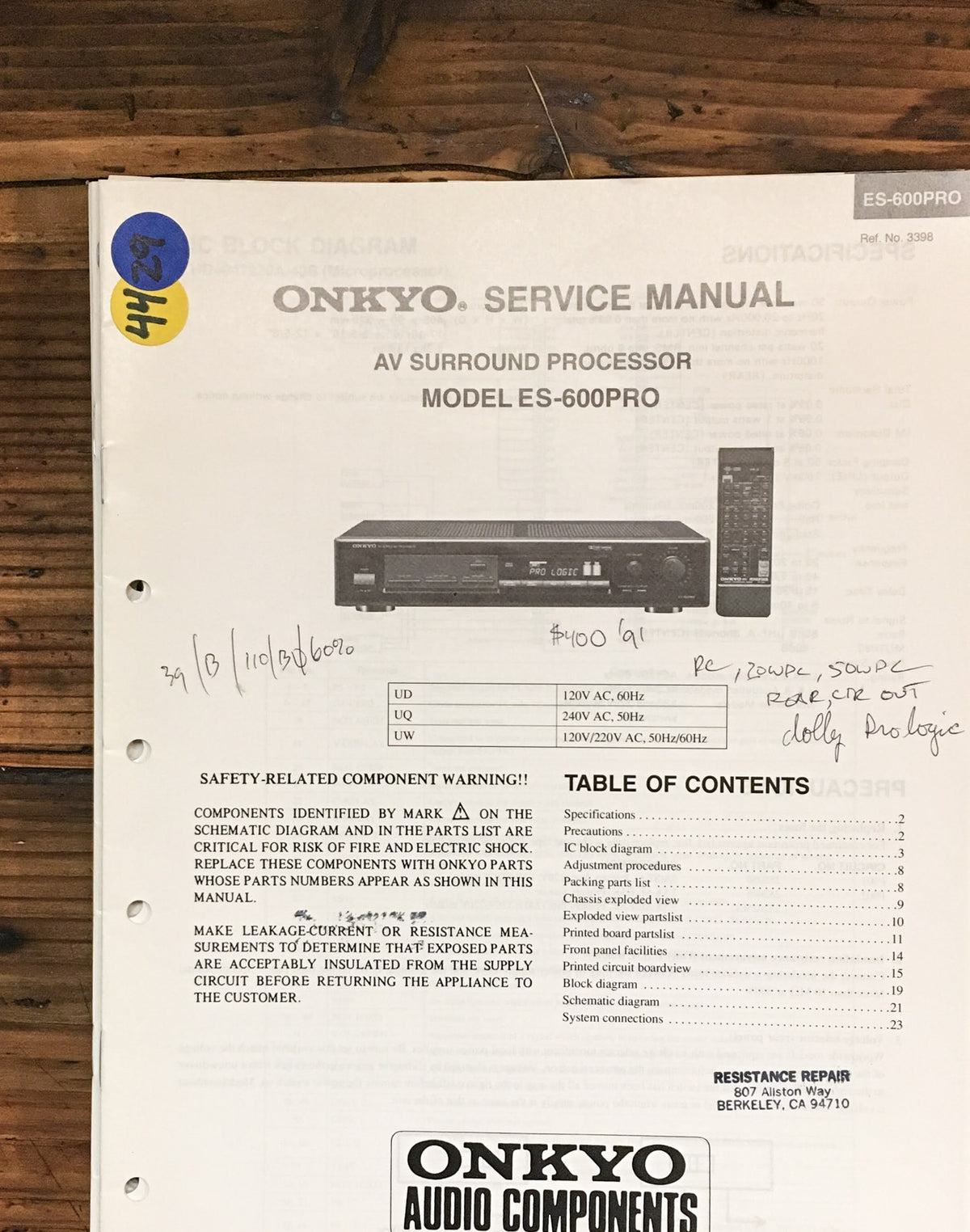 Onkyo ES-600 PRO ES-600PRO Surround Processor Service Manual *Original*