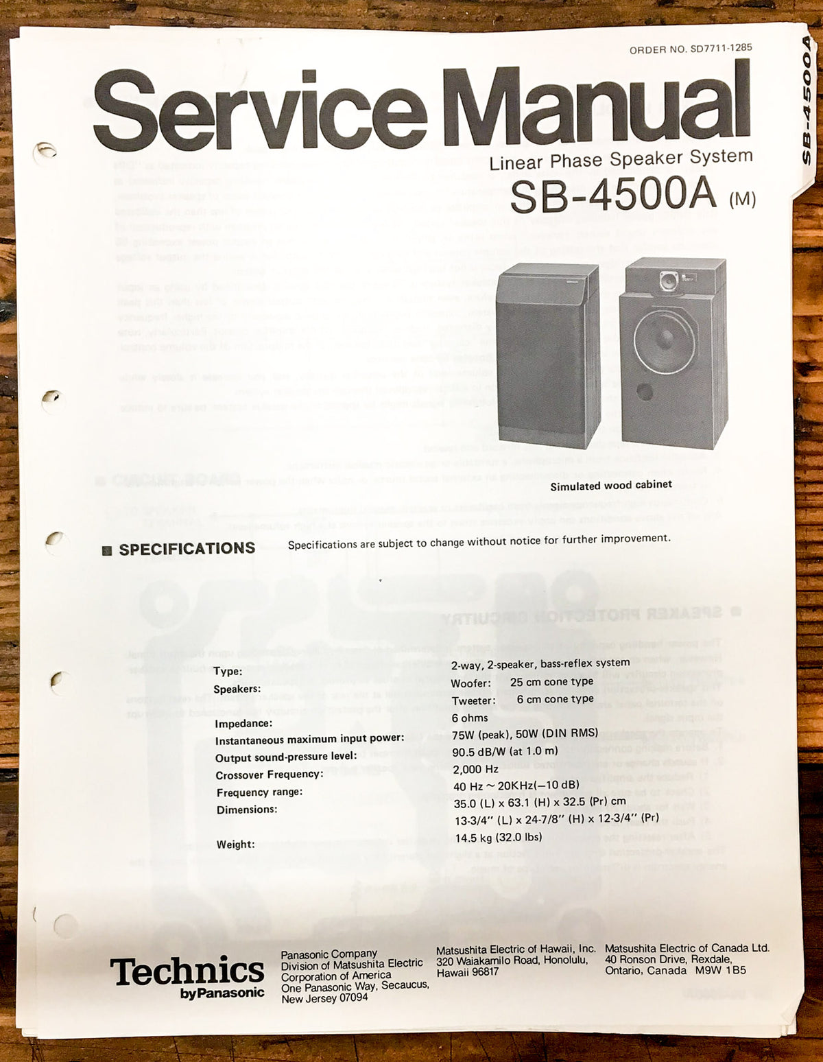 Technics SB-4500A Speaker Service Manual *Original*