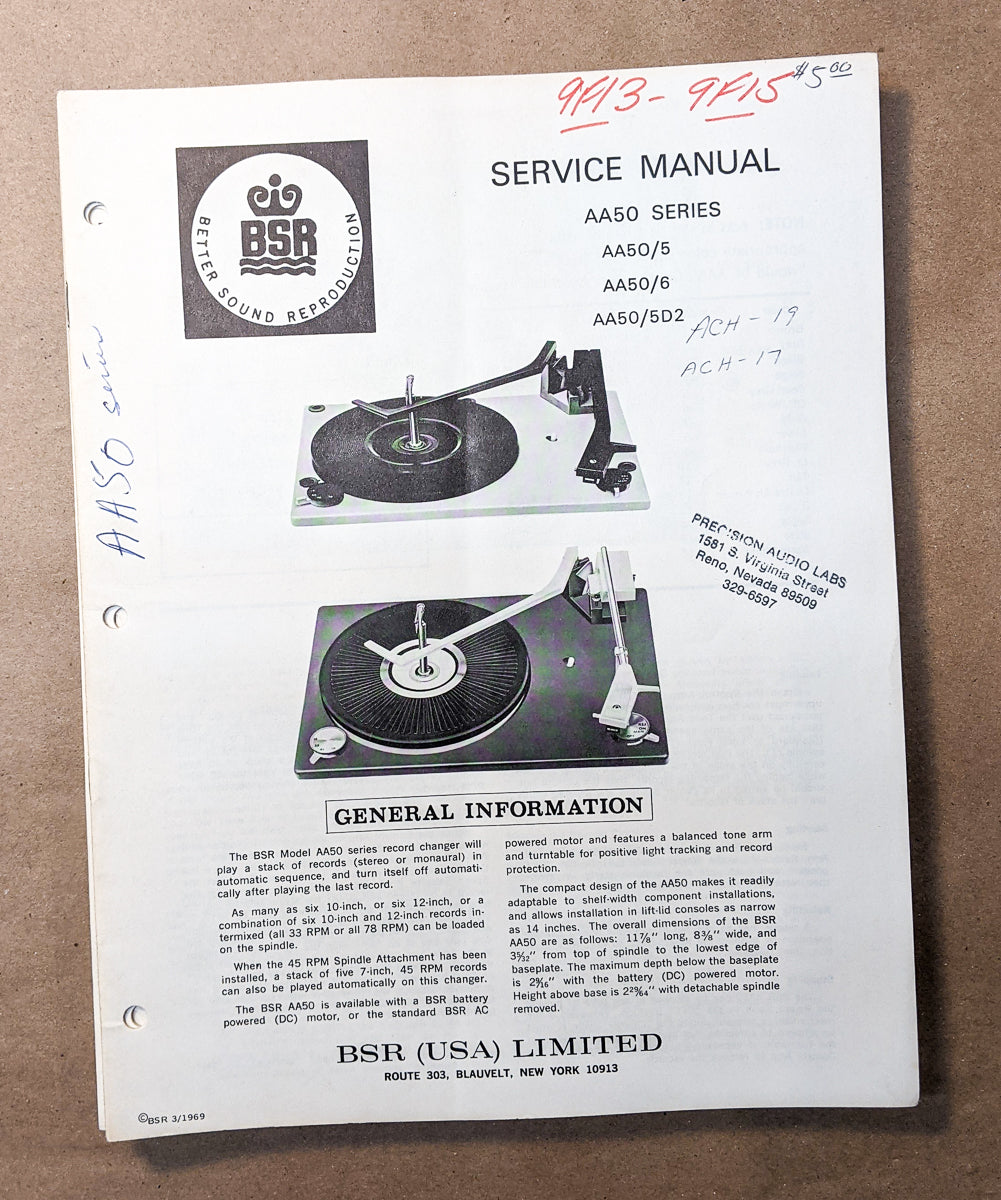 *Orig* BSR AA50 AA50/5 AA50/6 AA505DS Record Player Turntable Service Manual #2