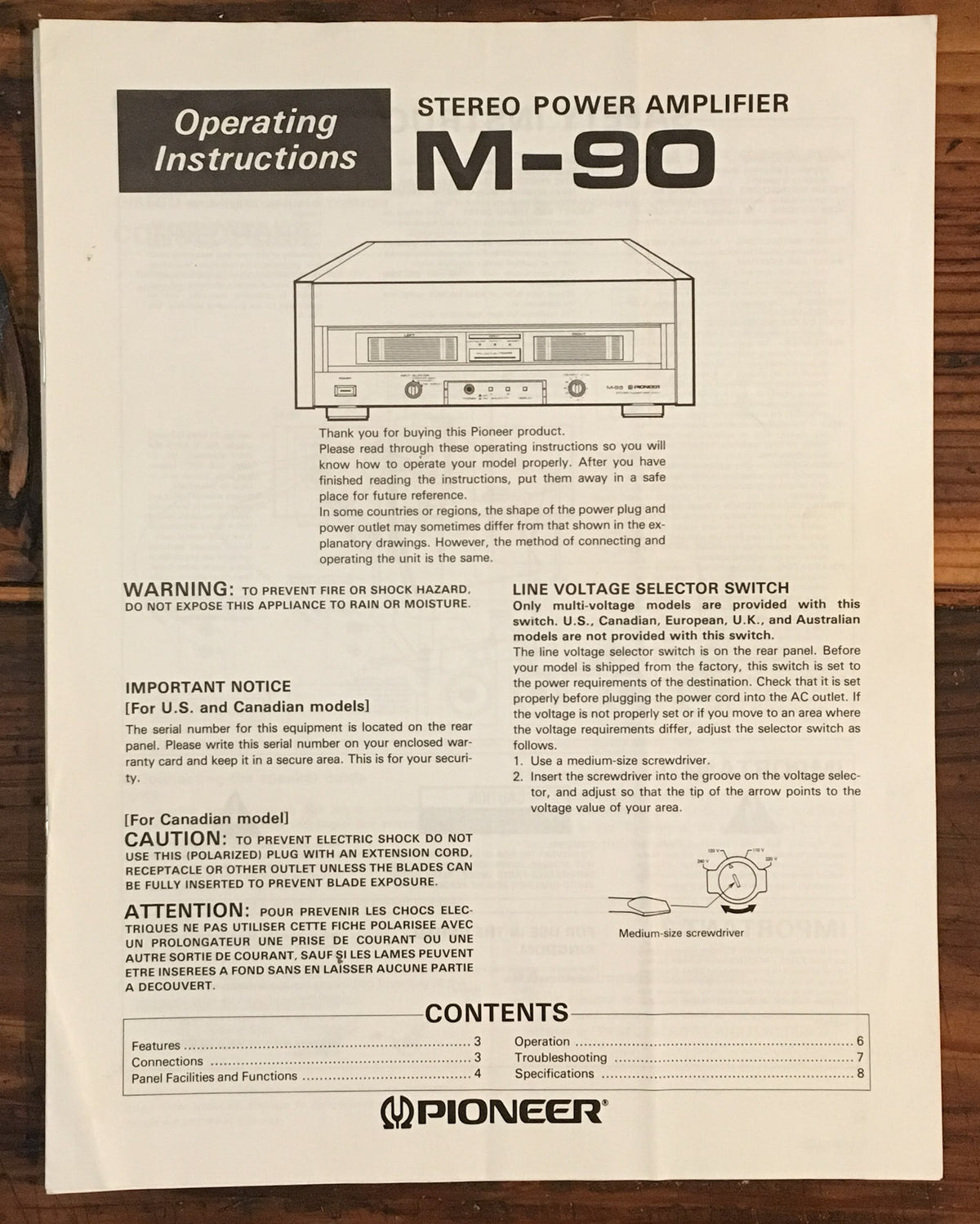 Pioneer M-90 Amplifier Owners / Instruction Manual *Original