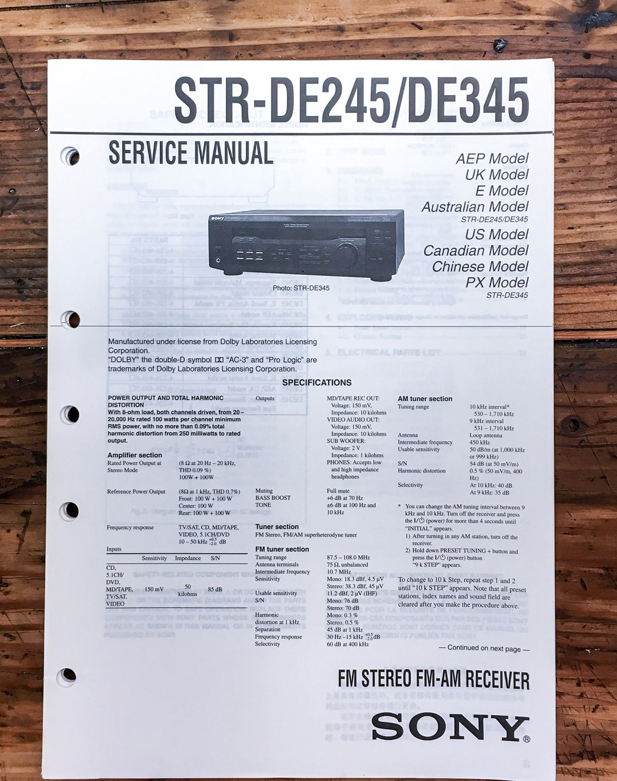 Sony STR-DE245 STR-DE345 Receiver Service Manual *Original*