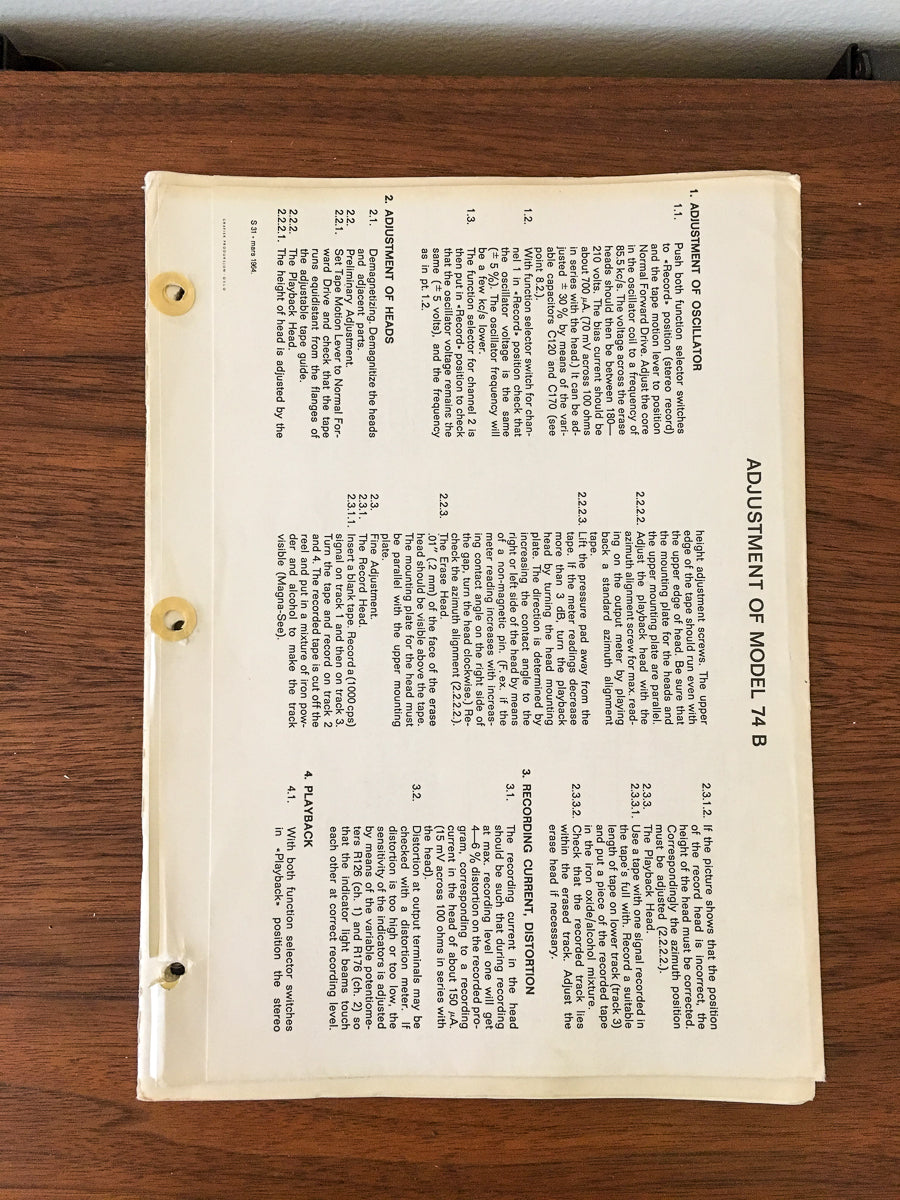 Tandberg Model 74 B Tape Recorder Adjustment Manual *Original*