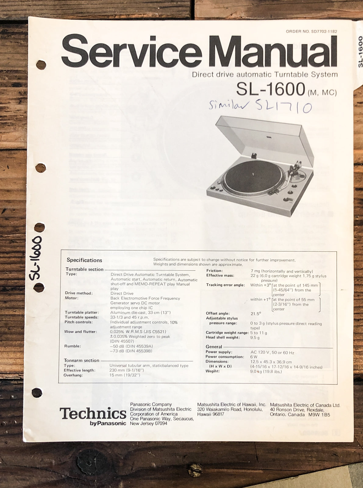 Technics SL-1600 Record Player / Turntable Service Manual *Original*