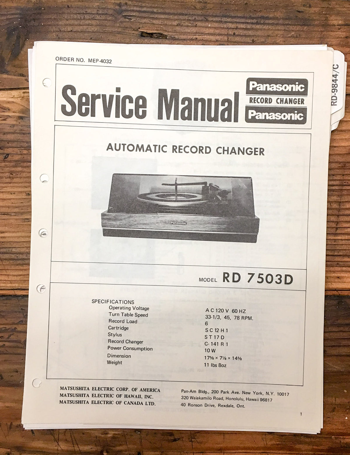 Panasonic RD-7503D Record Player Service Manual *Original*