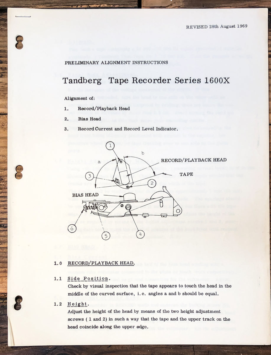 Tandberg 1600X Tape Recorder Prelim. Alignment Instructions 2