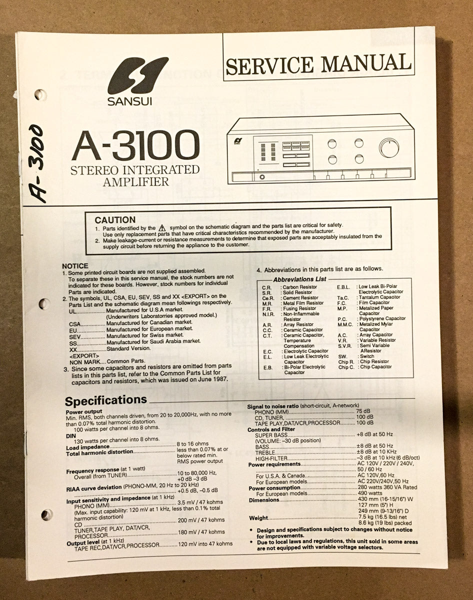 Sansui A-3100 Amplifier Service Manual *Original* – Vintage Audio Store ...