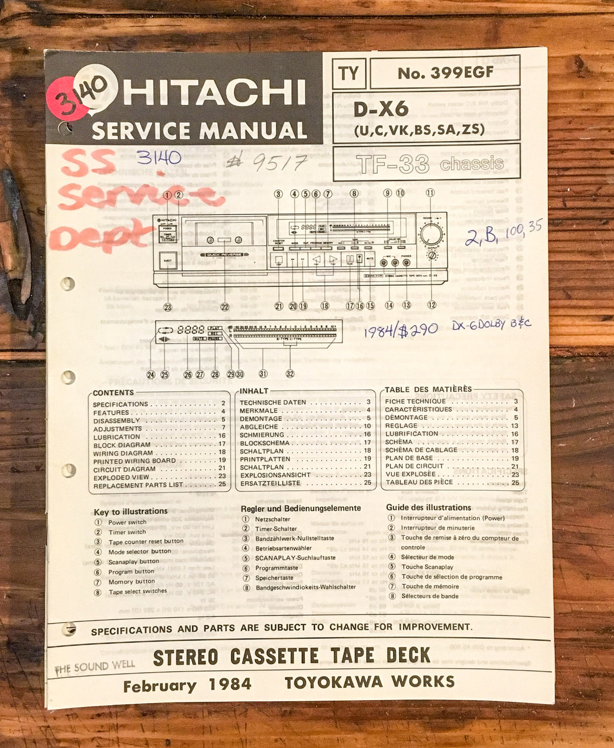 Hitachi D-X6 Cassette Deck Service Manual *Original*
